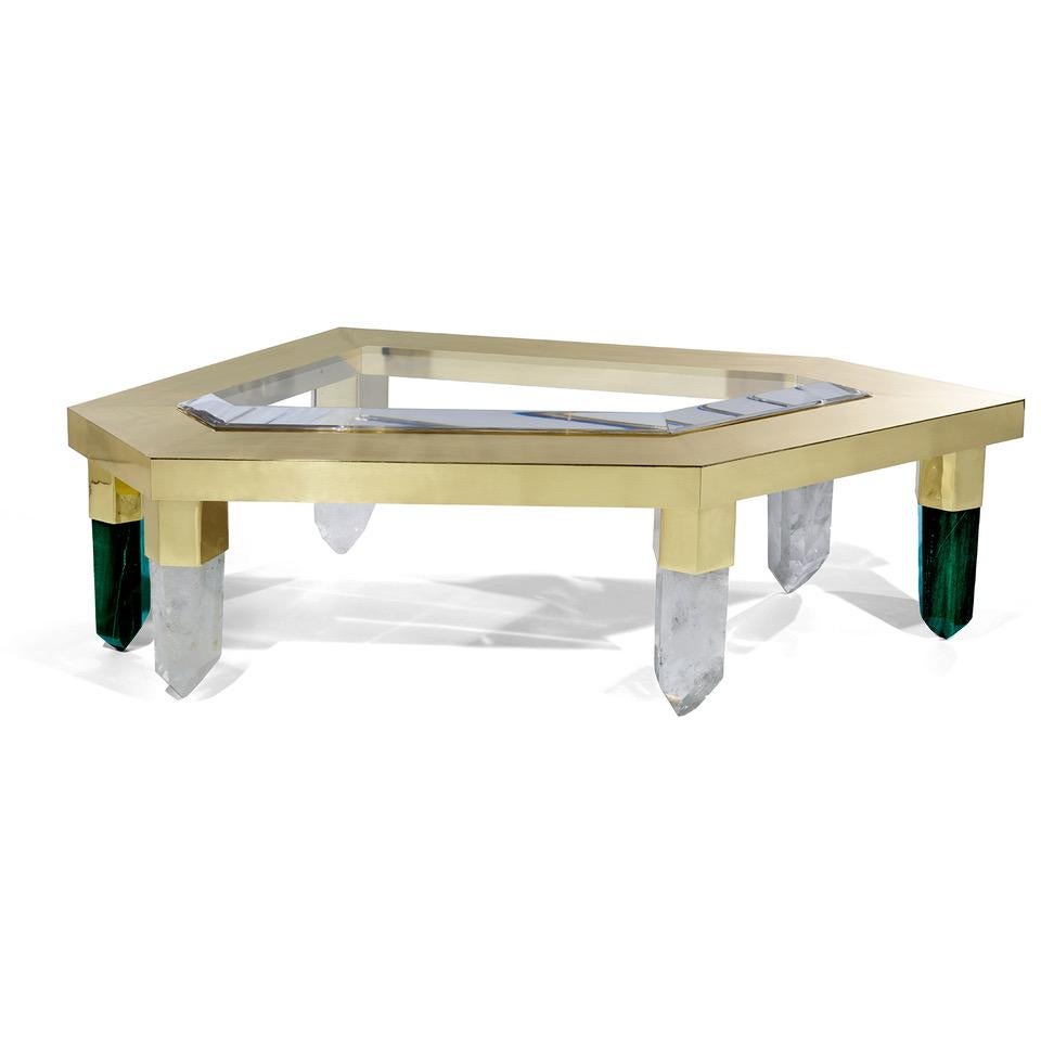 Coffee table model Quartz with plexiglass and brass top and with three legs in brass and quartz and two legs in brass and jasper designed and produced by Studio Superego. 

Biography
Superego editions was born in 2006, performing a constant activity
