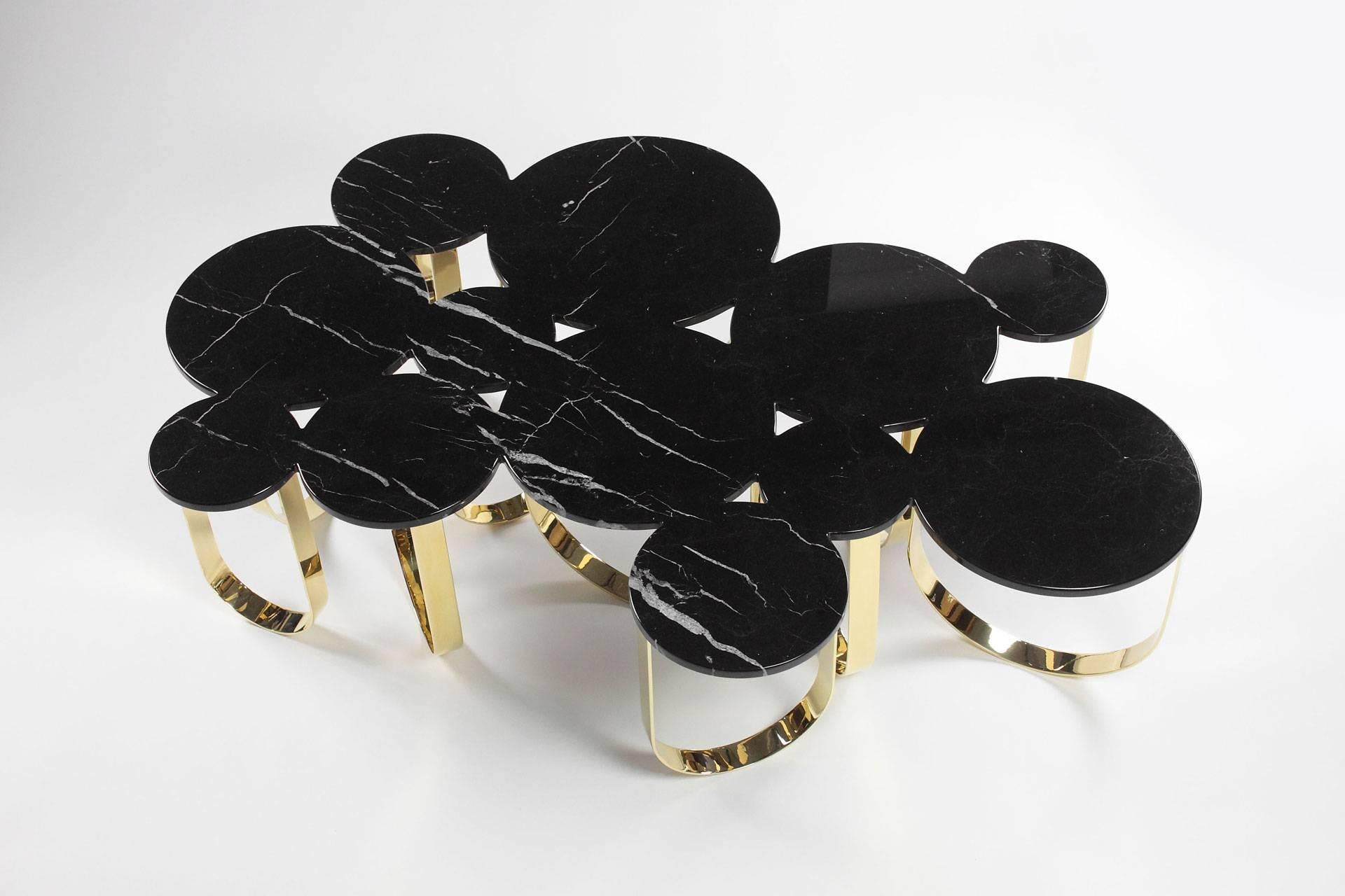 Carved Coffee Center Table Black Marquina Marble Mirror Brass Gold Collectible Design For Sale
