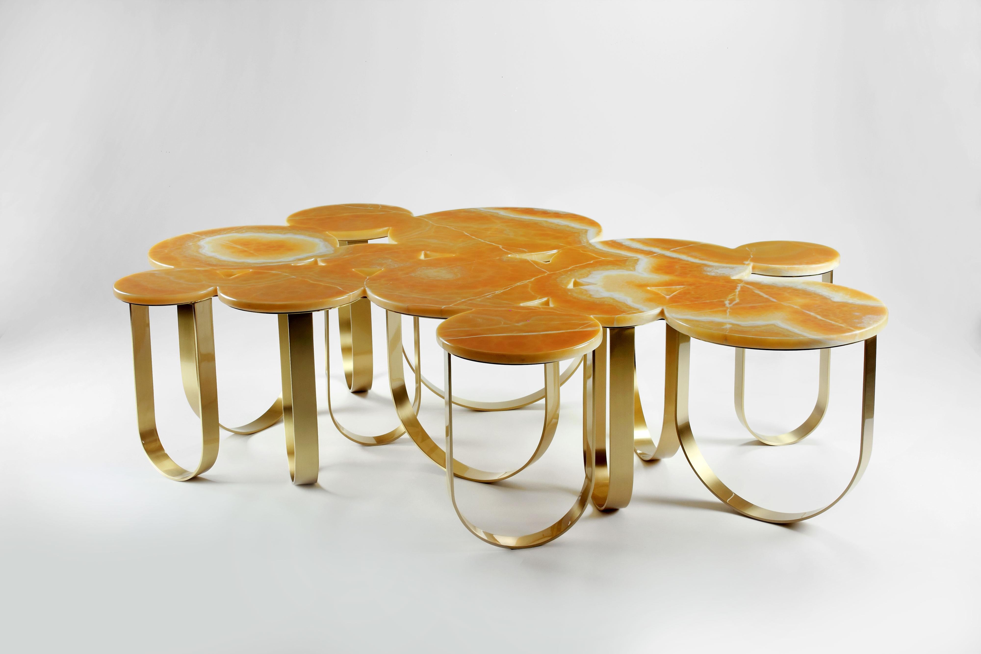 Italian Coffee Center Table Organic Shape Orange Onyx Brushed Brass Collectible Italy For Sale