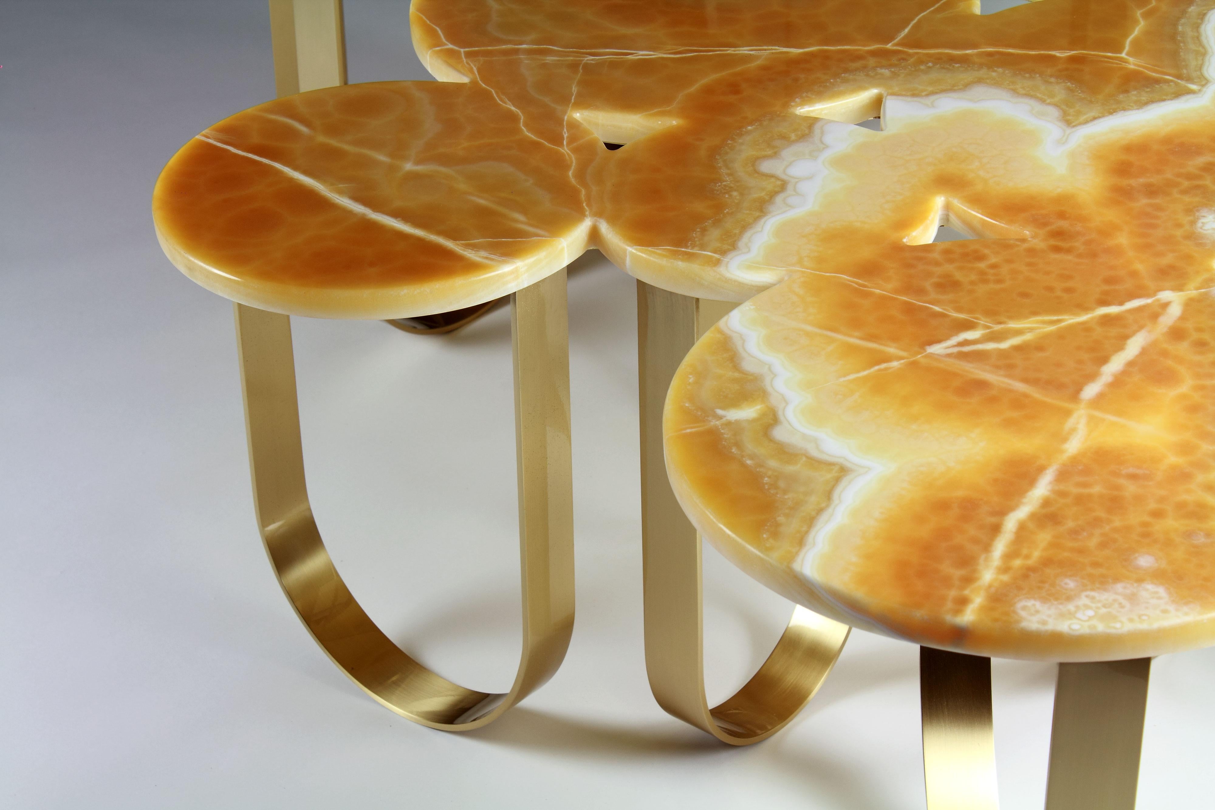 Contemporary Coffee Center Table Organic Shape Orange Onyx Brushed Brass Collectible Italy For Sale