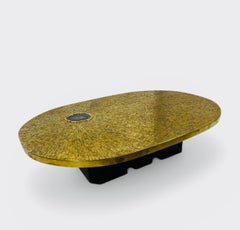 Coffee table Mosaic Brass and agate By Jean Claude Dresse