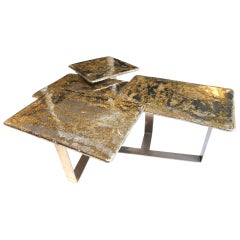 Coffee Table "Multifloor Sunlight", Melted Pewter, Brass Grains, Crystal Resin