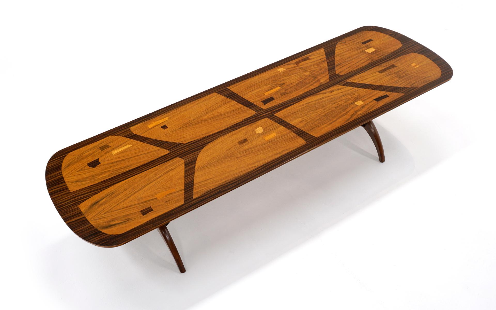 Mid-Century Modern Coffee Table of Inlayed Mixed Wood Design, Rectangular, Possibly Brazilian For Sale