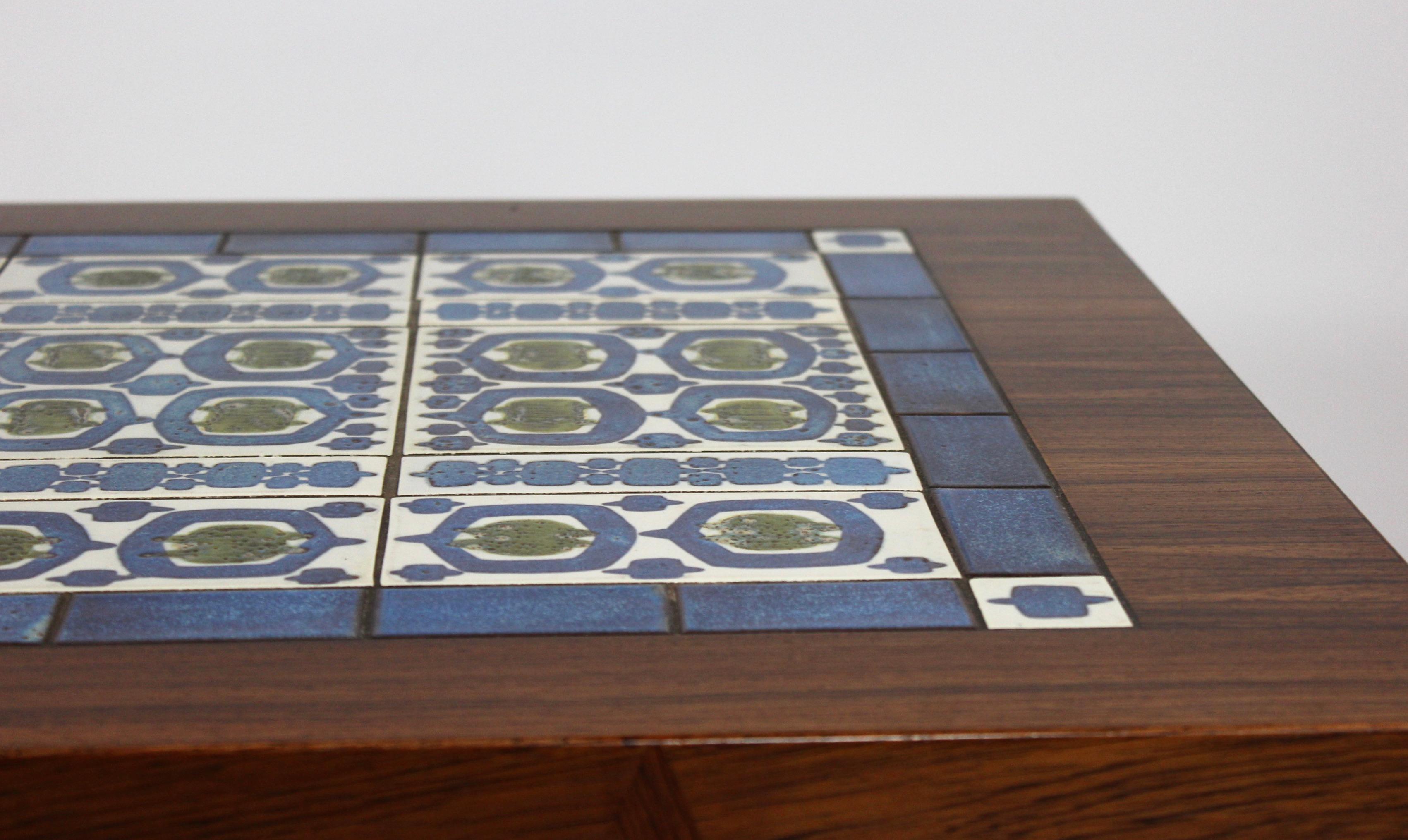 Scandinavian Modern Coffee Table of Rosewood and Dark Blue Tiles, by Severin Hansen for Haslev