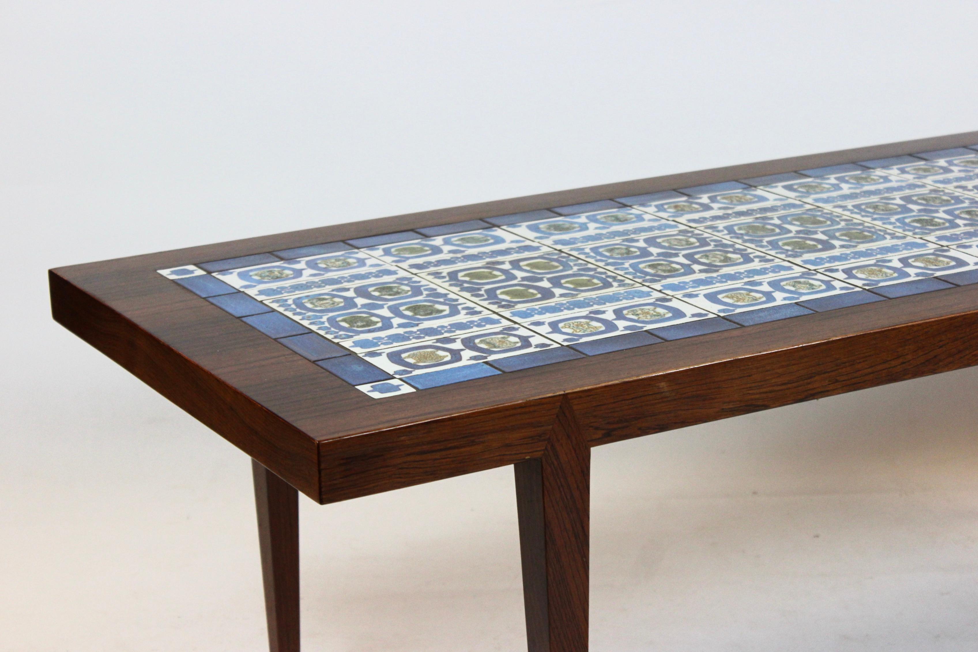 Mid-20th Century Coffee Table of Rosewood and Dark Blue Tiles, by Severin Hansen for Haslev