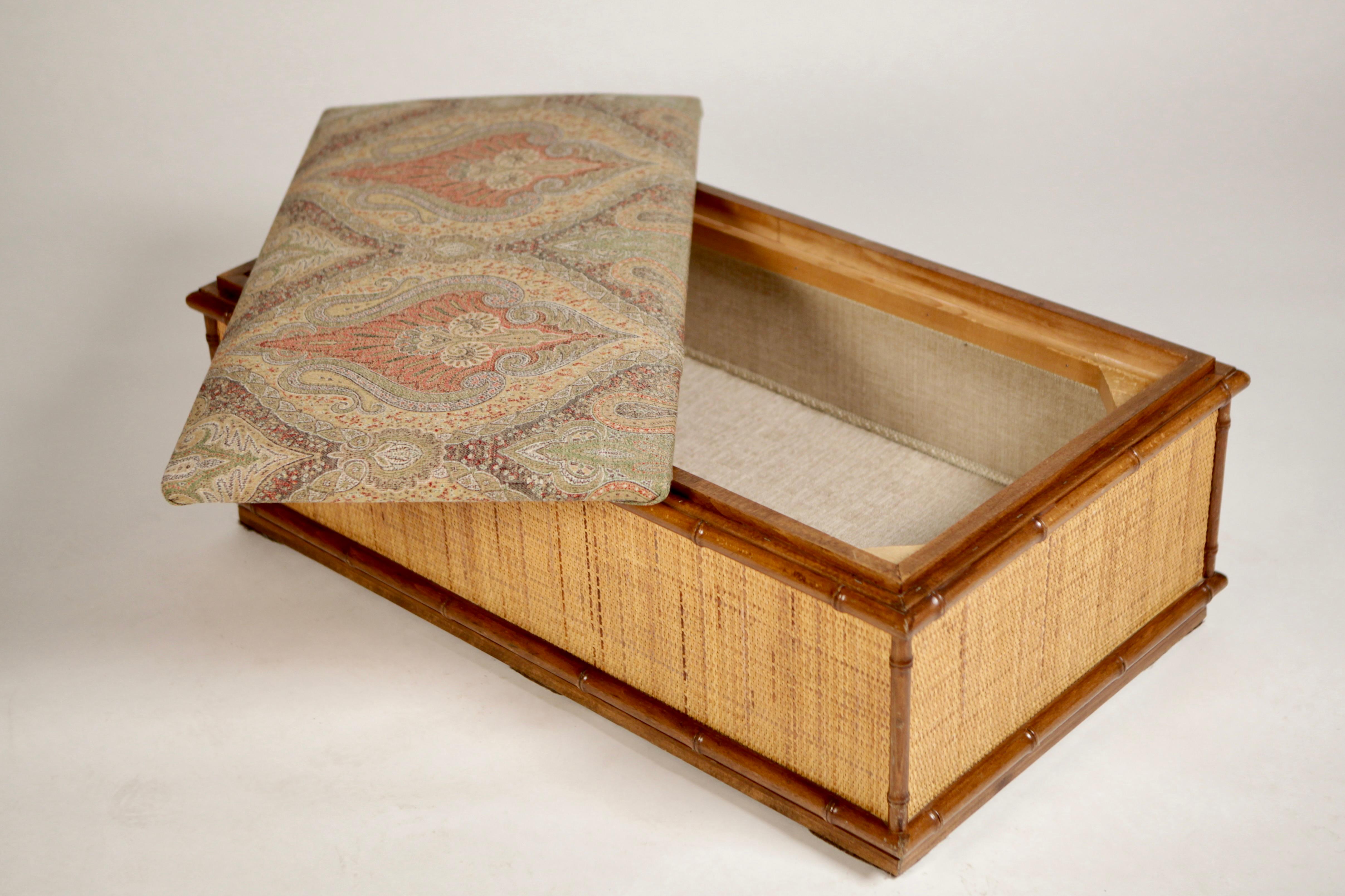 Coffee-Table or Bench, Italian Work 1950, Rattan & Faux Bamboo, Wool Paisley 3
