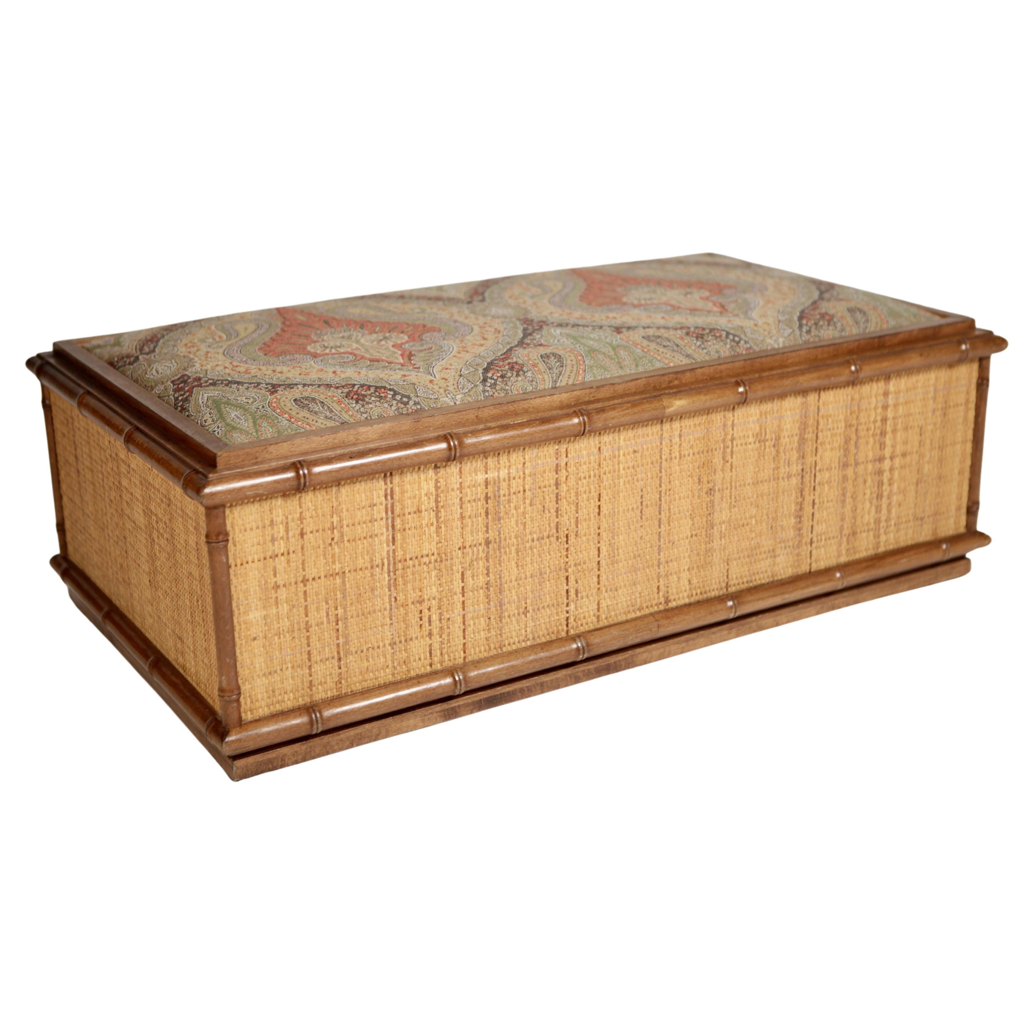 Coffee-Table or Bench, Italian Work 1950, Rattan & Faux Bamboo, Wool Paisley