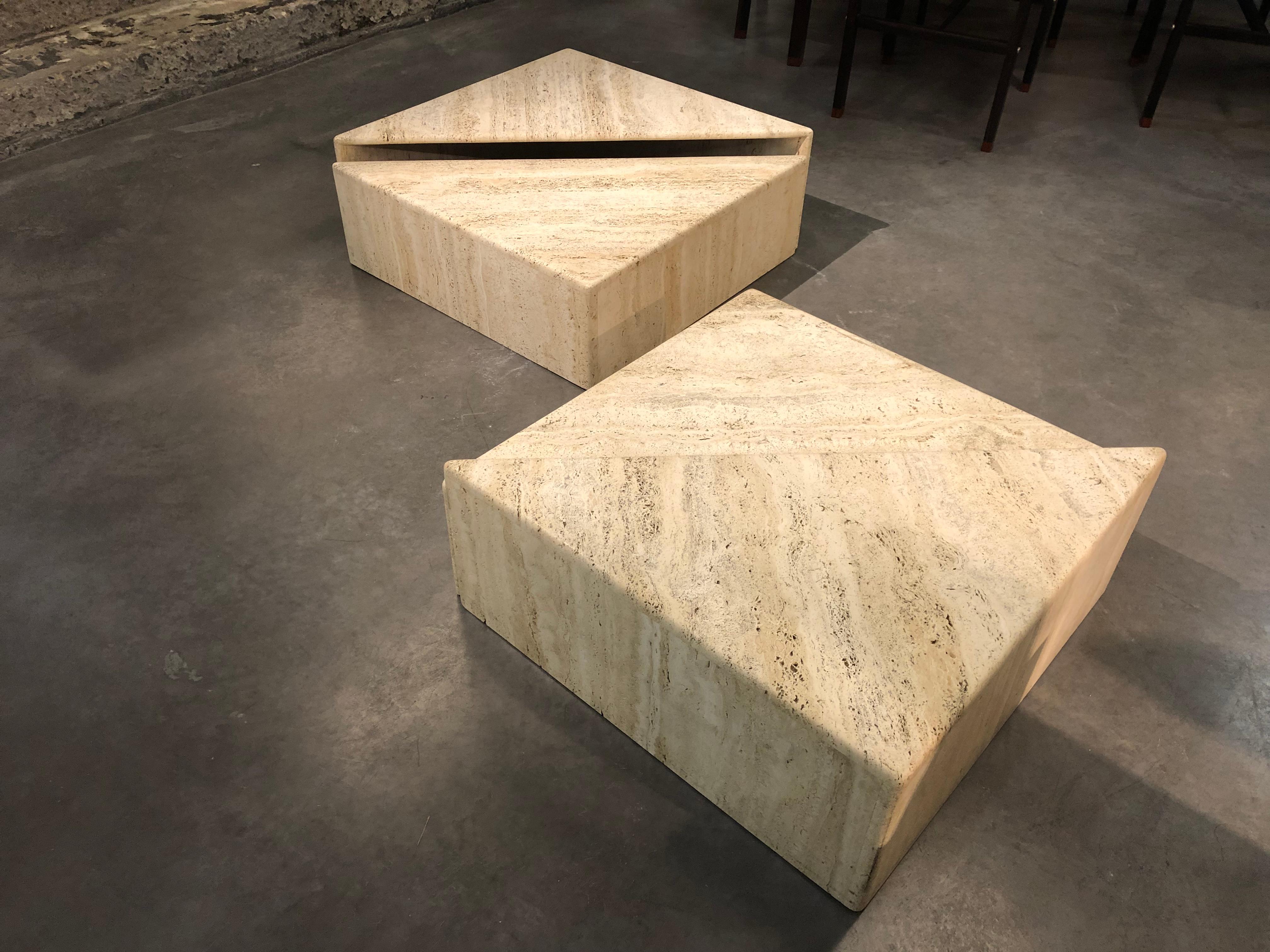 Italian Coffee Table or End Table in 4 Triangle Travertine Parts 1970