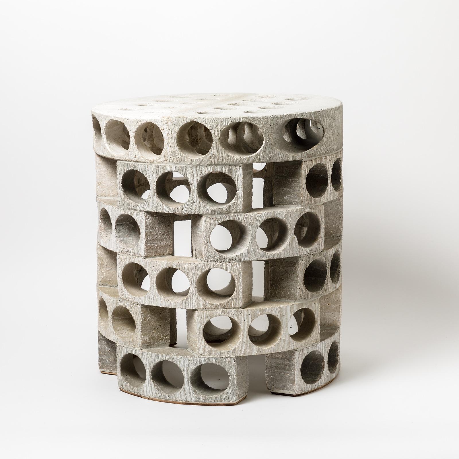 French Coffee Table or Stool with Grey, White Glaze Decoration by Maarten Stuer