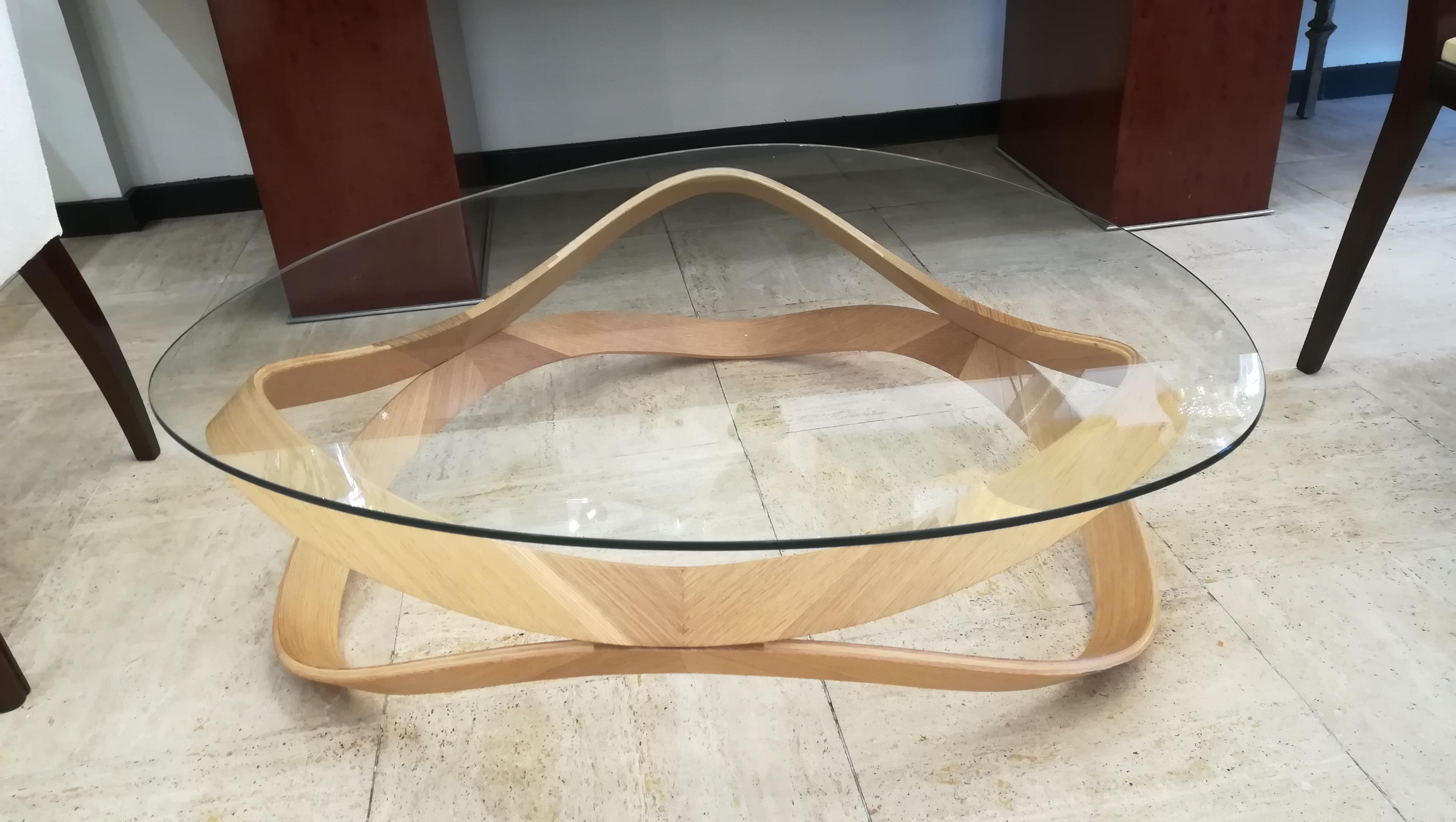 Coffee table, original creation by MAR Design N.Y, foot in ash, glass top.
