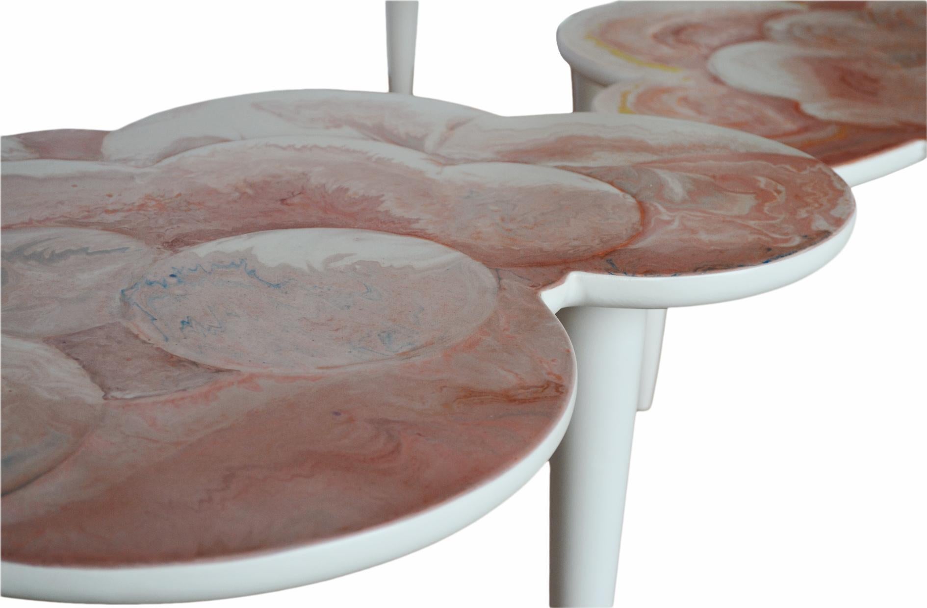 Modern Coffee Table Pink Scagliola Artistic Top Cloud Shape White Wooden Legs Handmade