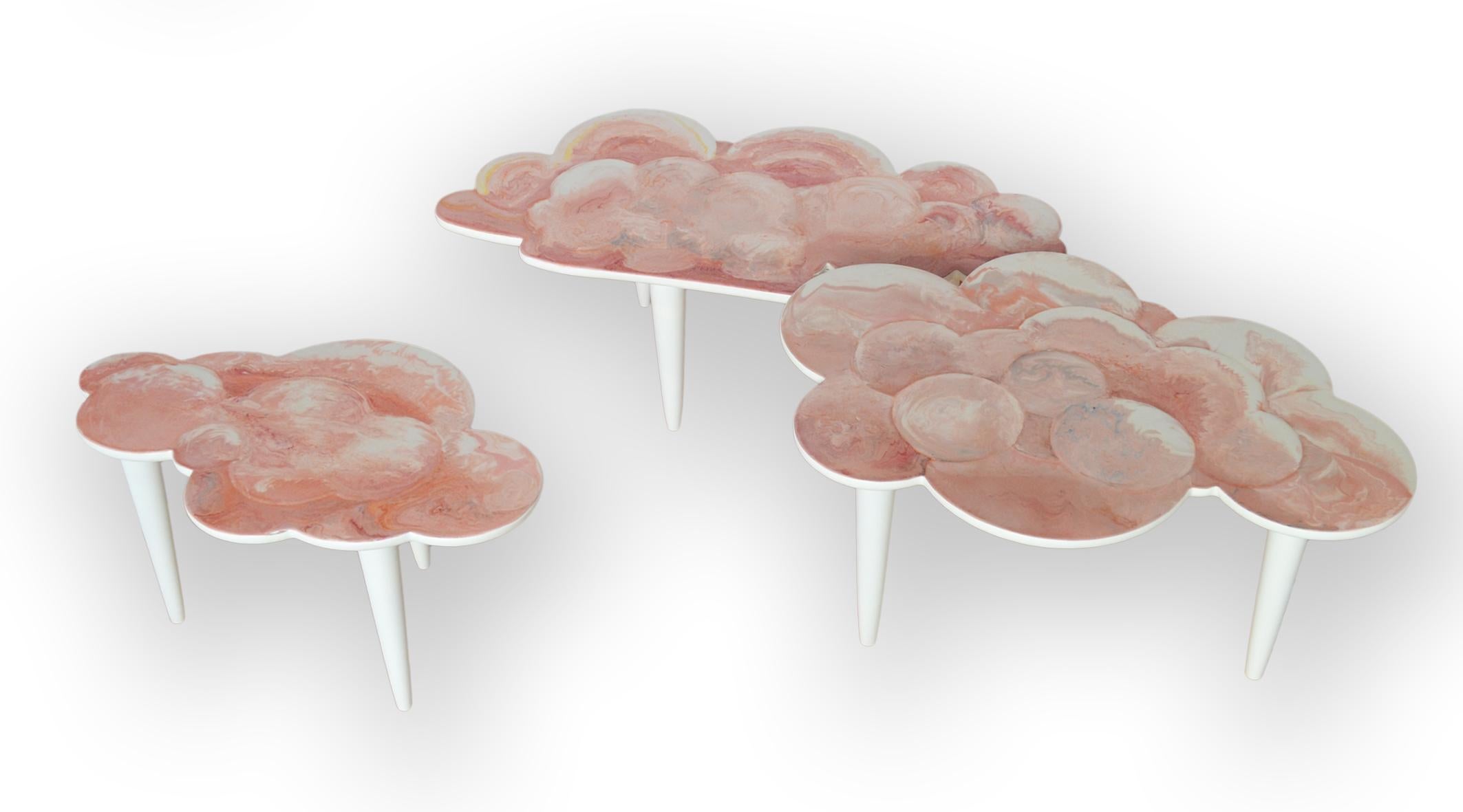Italian Coffee Table Pink Scagliola Artistic Top Cloud Shape White Wooden Legs Handmade
