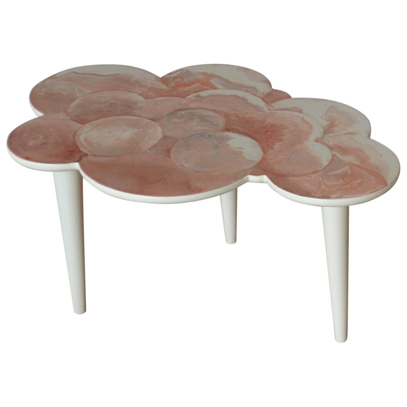 Coffee Table Pink Scagliola Artistic Top Cloud Shape White Wooden Legs Handmade