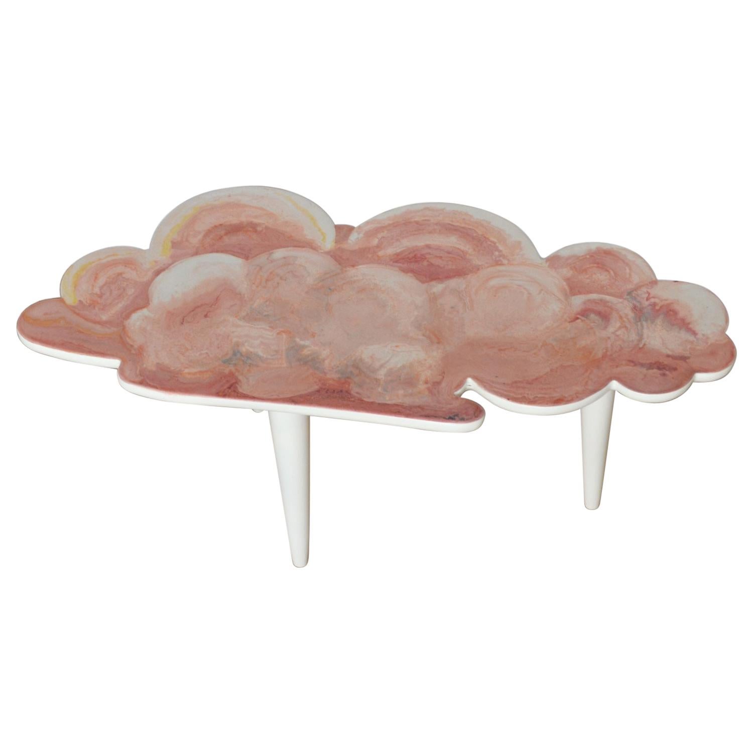 Coffee Table Pink Scagliola Artistic Top Cloud Shape White Wooden Legs Handmade