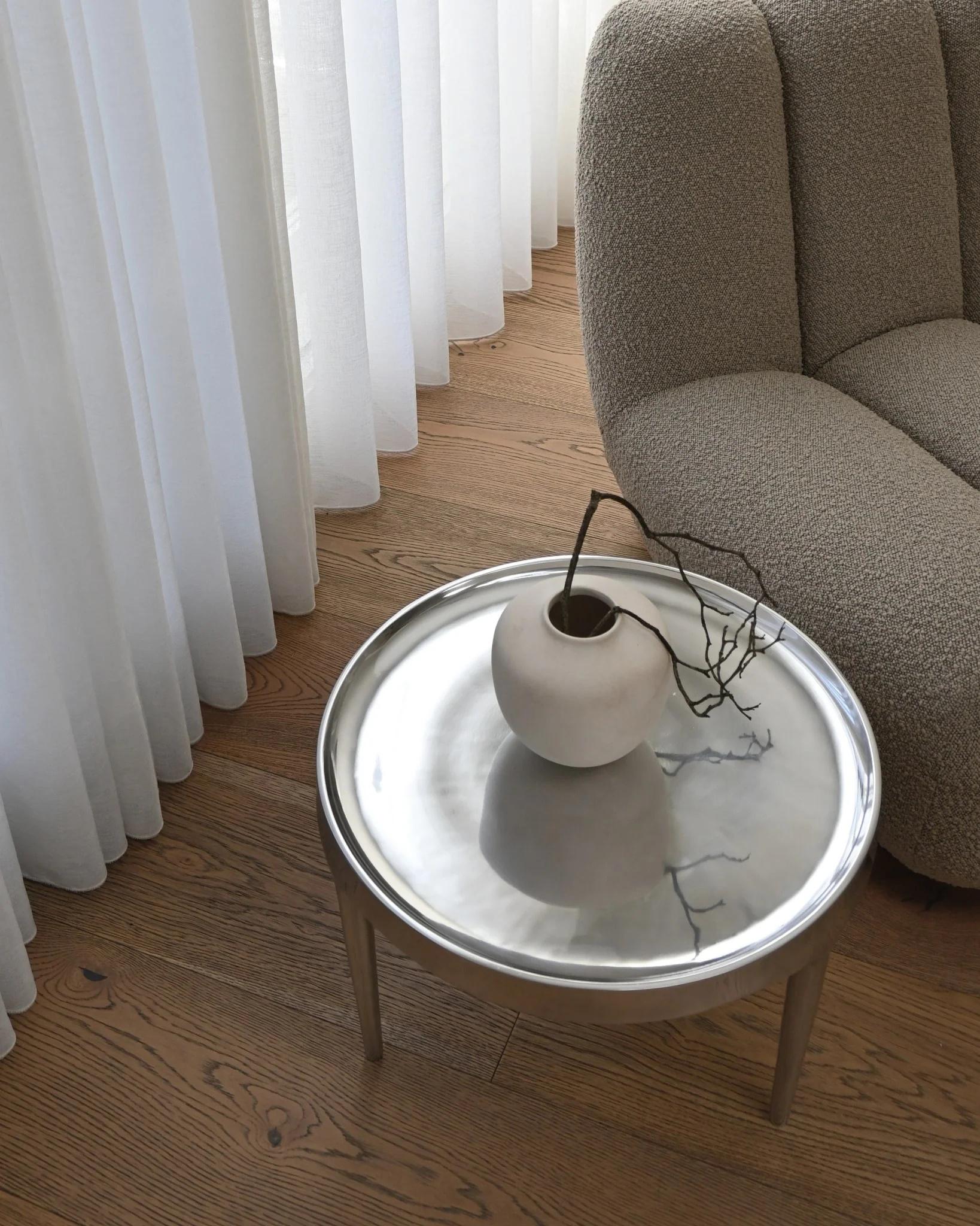French Coffee Table, Polished Cast Aluminium and Chrome, Contemporary Work. For Sale