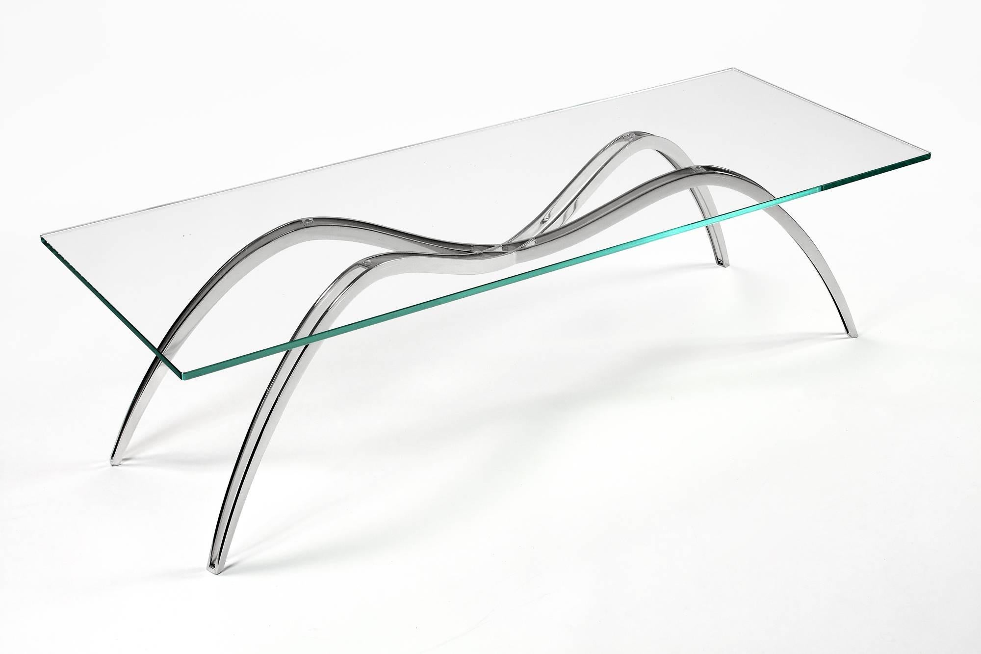 italien Table basse centre de table à cocktail avec miroir en acier et plateau en verre, design de collection araignée en vente