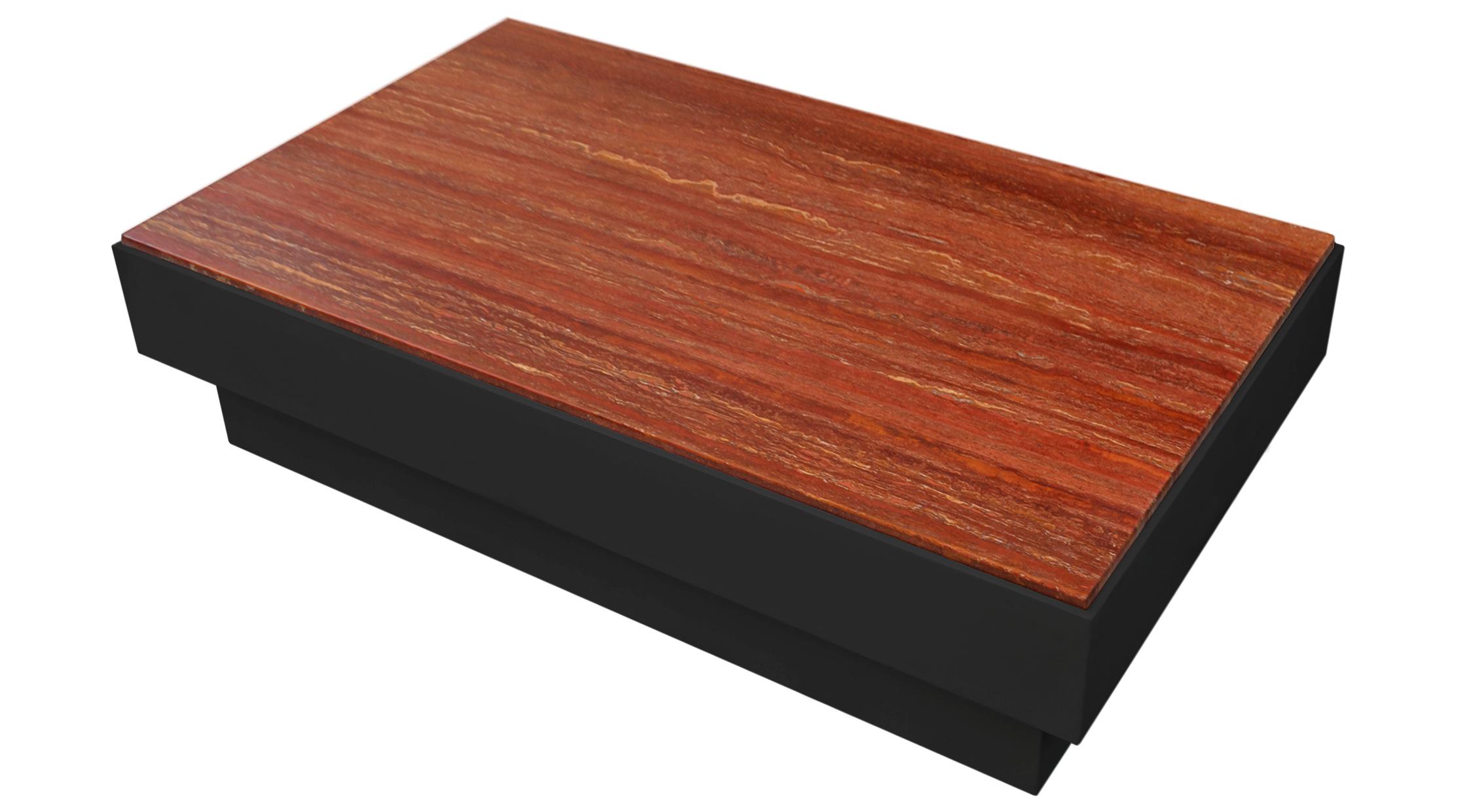 Italian Coffee table red travertine and black wooden base handmade in Italy by Cupioli For Sale