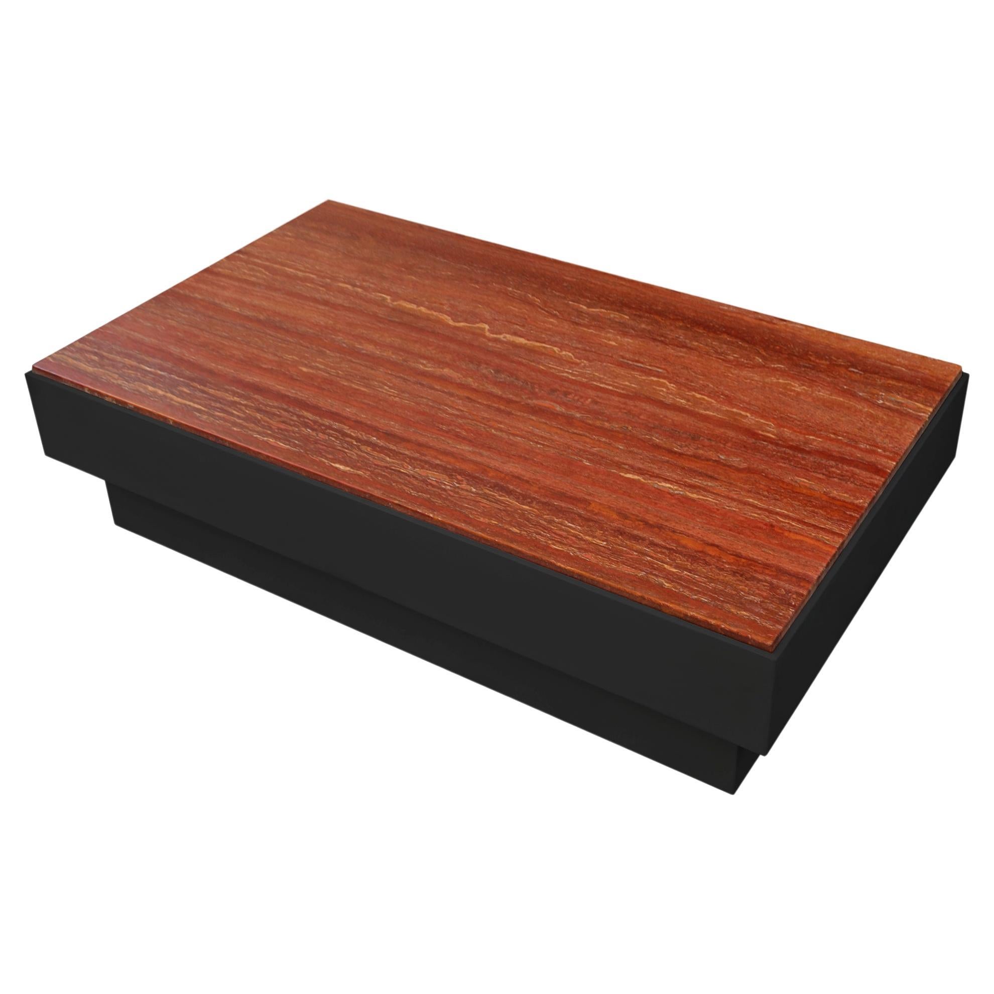 Coffee table red travertine and black wooden base handmade in Italy by Cupioli