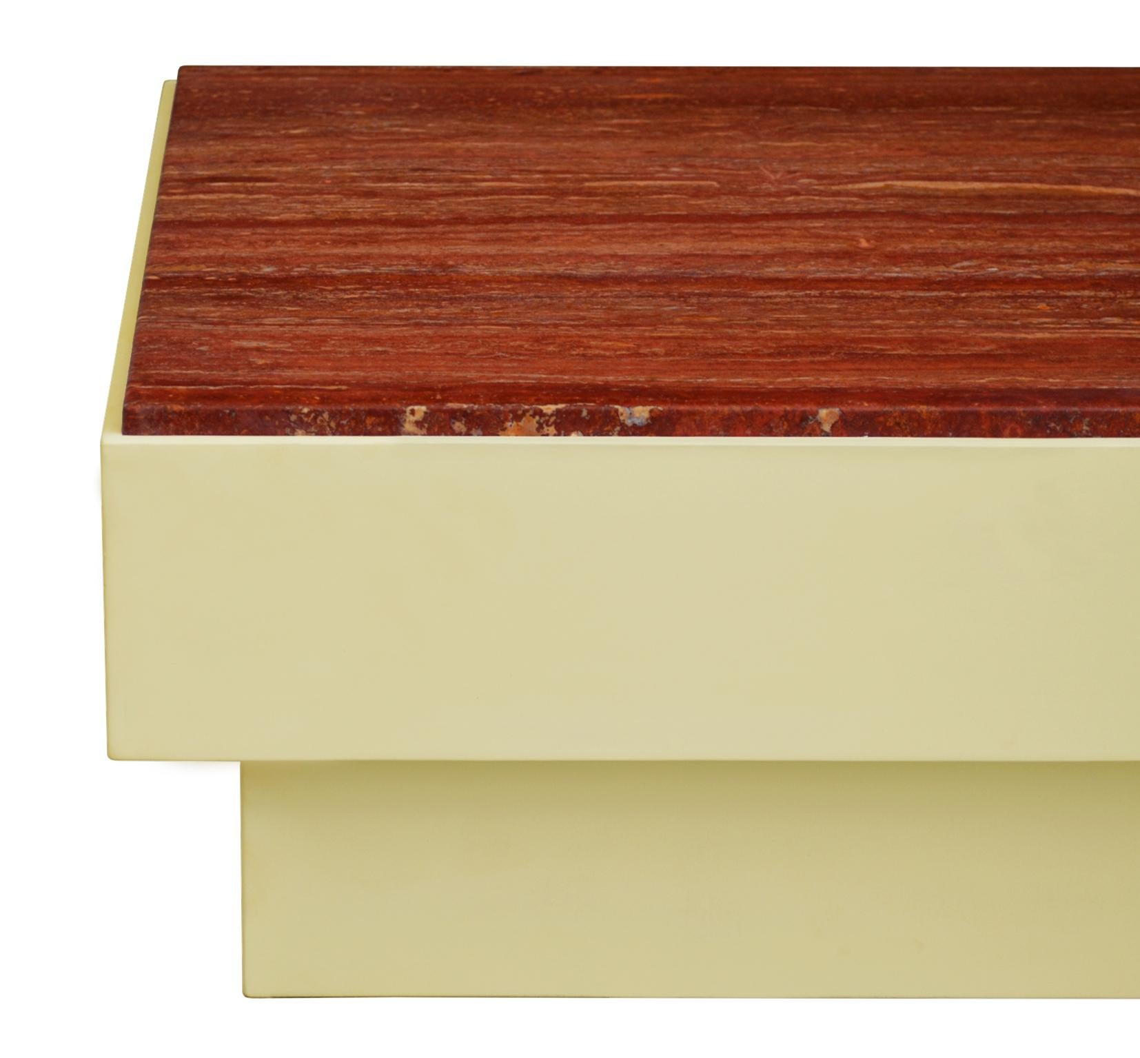 Italian Coffee table red travertine and ivory wooden base handmade in Italy by Cupioli For Sale