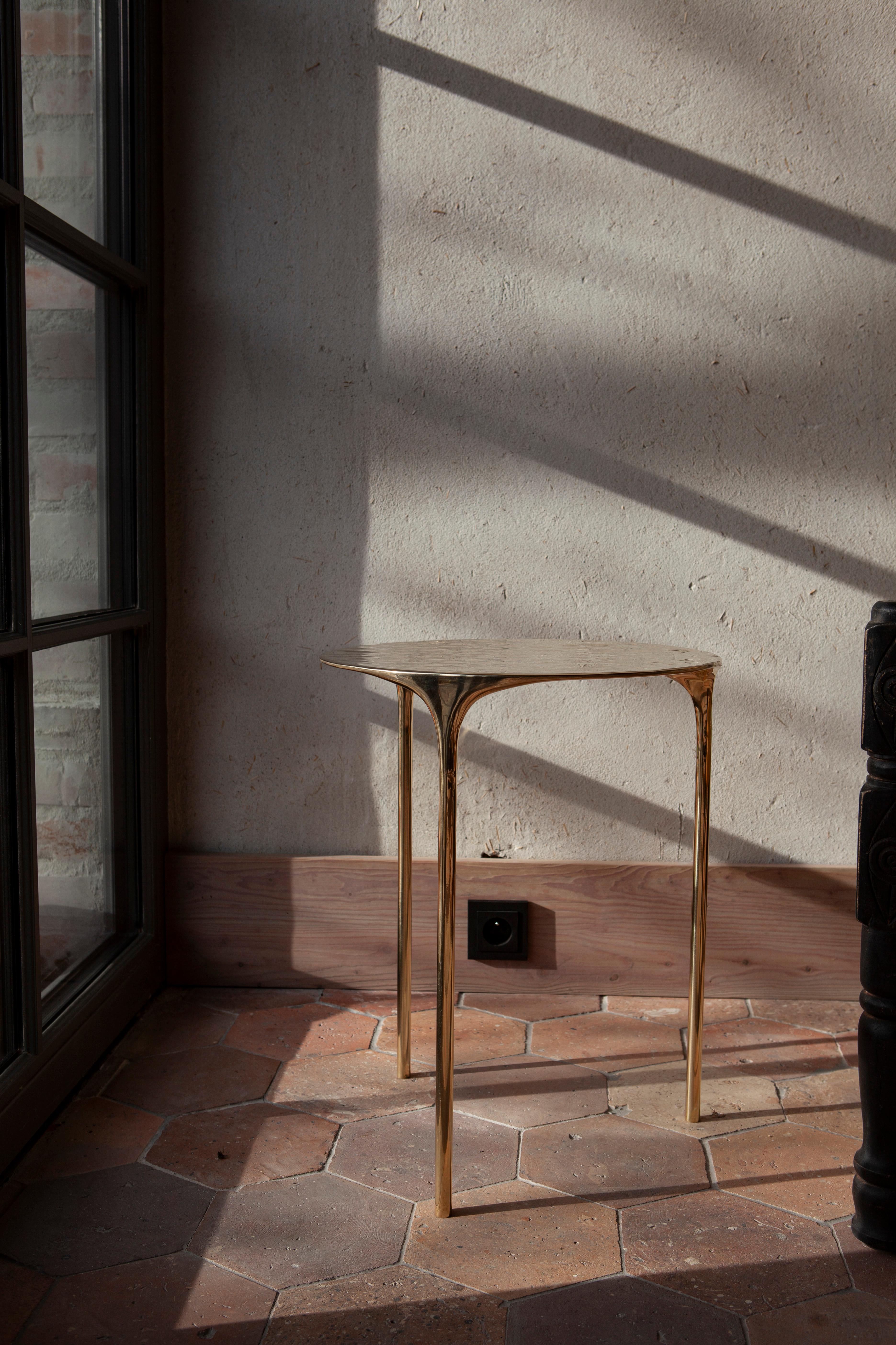 La table basse Fluid présente un plateau rond de 40 cm soutenu par trois pieds élancés, fabriqués selon la méthode du moulage au sable. Il existe en deux hauteurs - 47 cm et 50 cm - conçues pour une composition superposée. 

Les produits en laiton