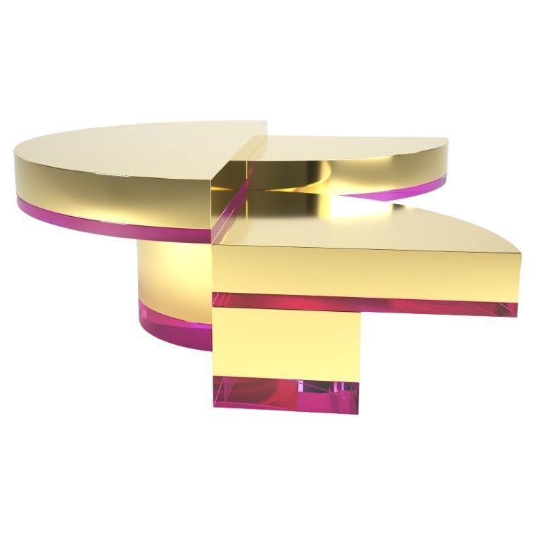 Coffee table Moon model designed by Studio Superego for Superego Editions. Low brass sculpture table made up of three modular elements with colored plexiglass base.
Medium table H 43 cm 
Small table H 35 cm 

Biography
Superego editions was born in