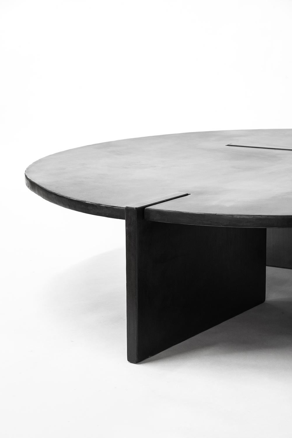 American Coffee Table Round Modern Contemporay Handmade Blackened Steel Waxed Large For Sale