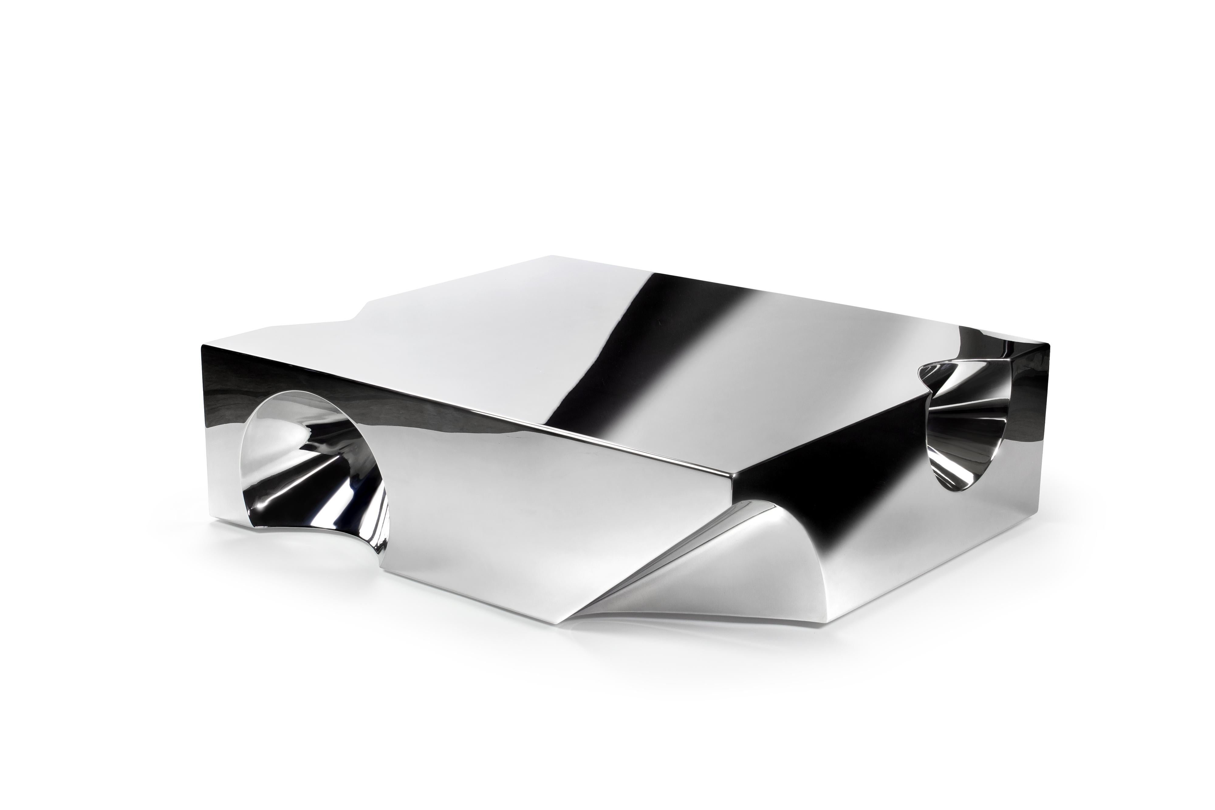 Modern Coffee Table Square Mirror Steel Sculpture Contemporary Design Made in Italy  For Sale