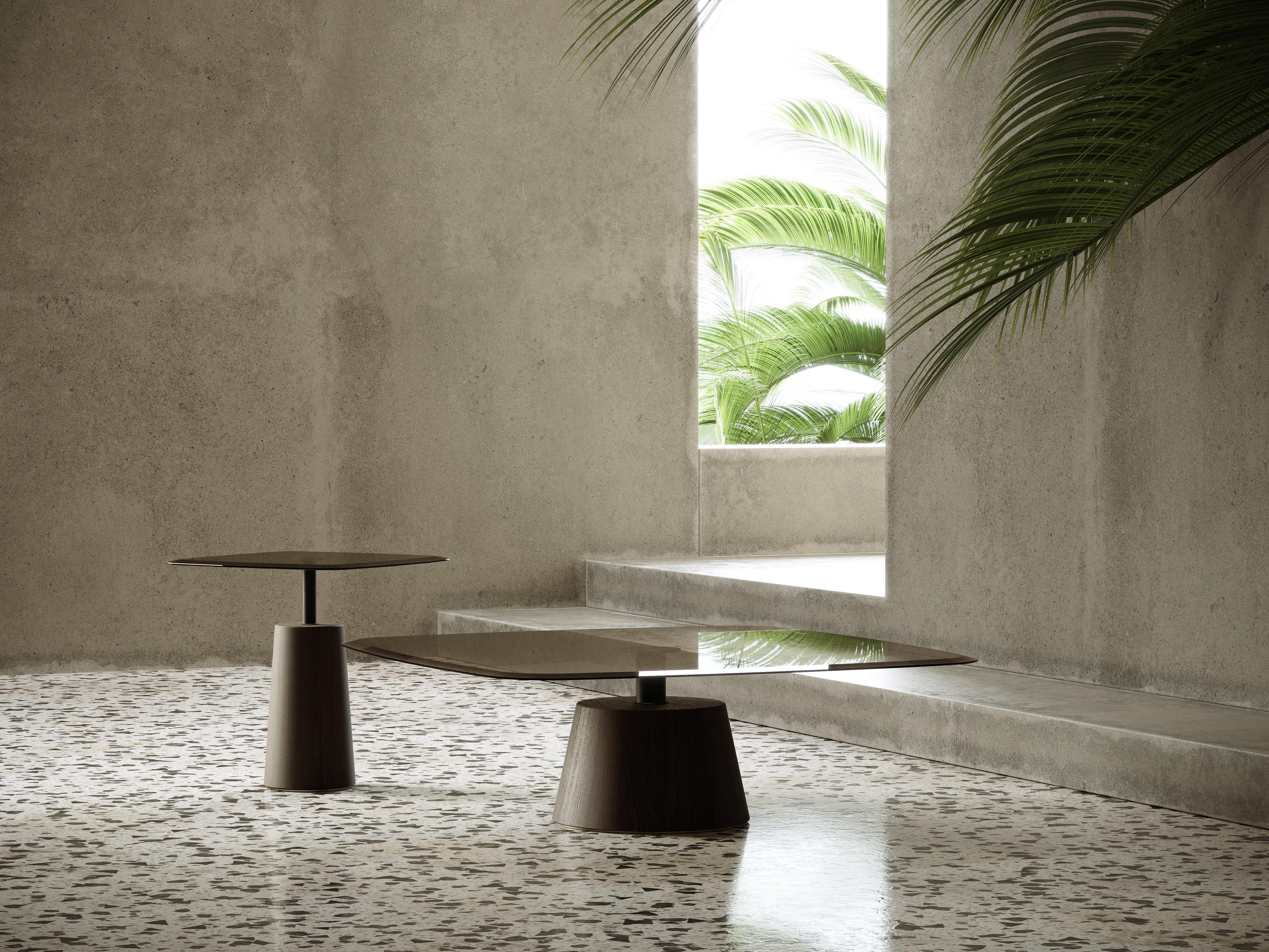 Spanish Coffee Table Set In Custom Wood And Lacquer Finishes With Glass Top For Sale