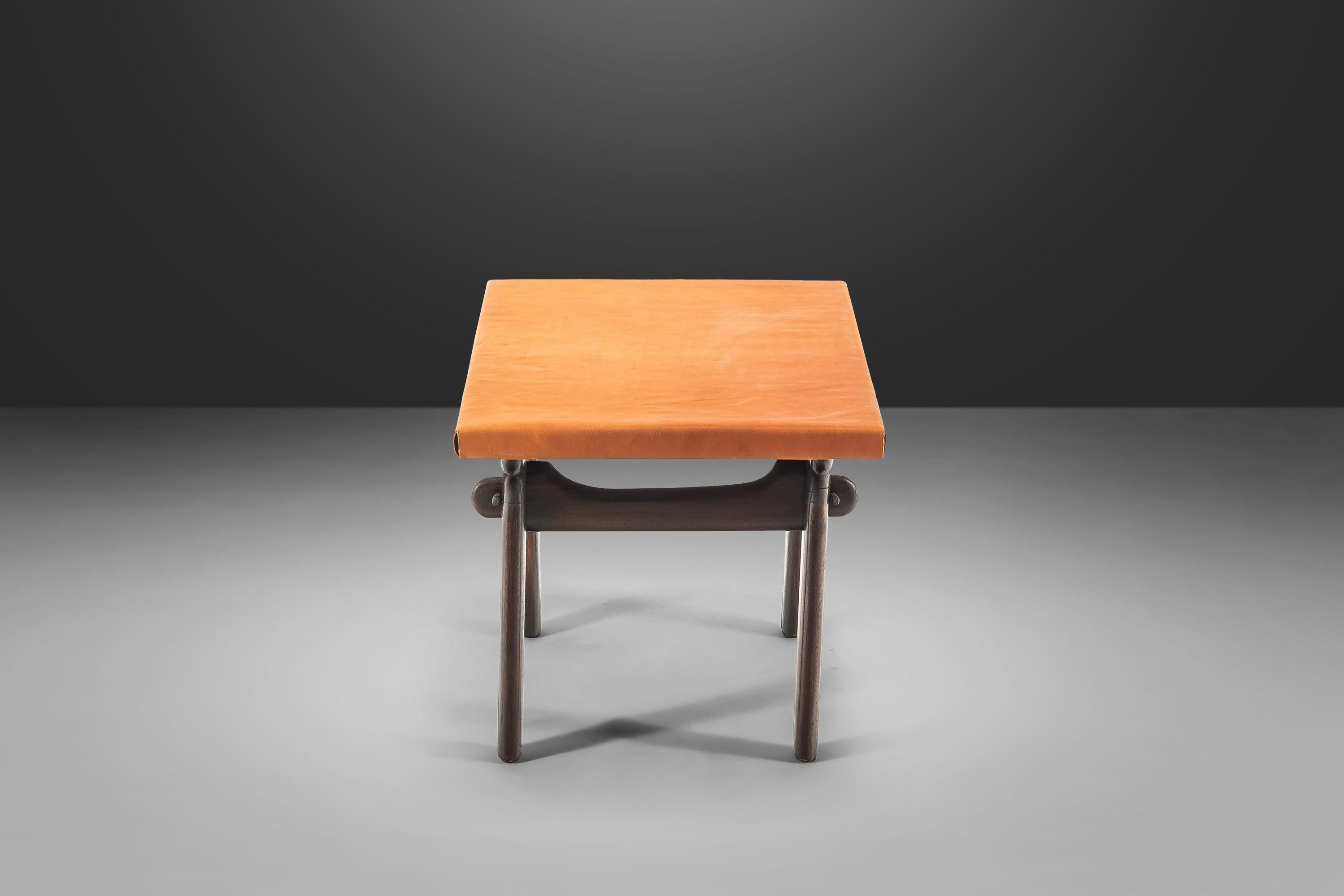 Mid-20th Century Coffee Table / Side Table by Angel Pazmino in Fruitwood and Cognac Leather For Sale
