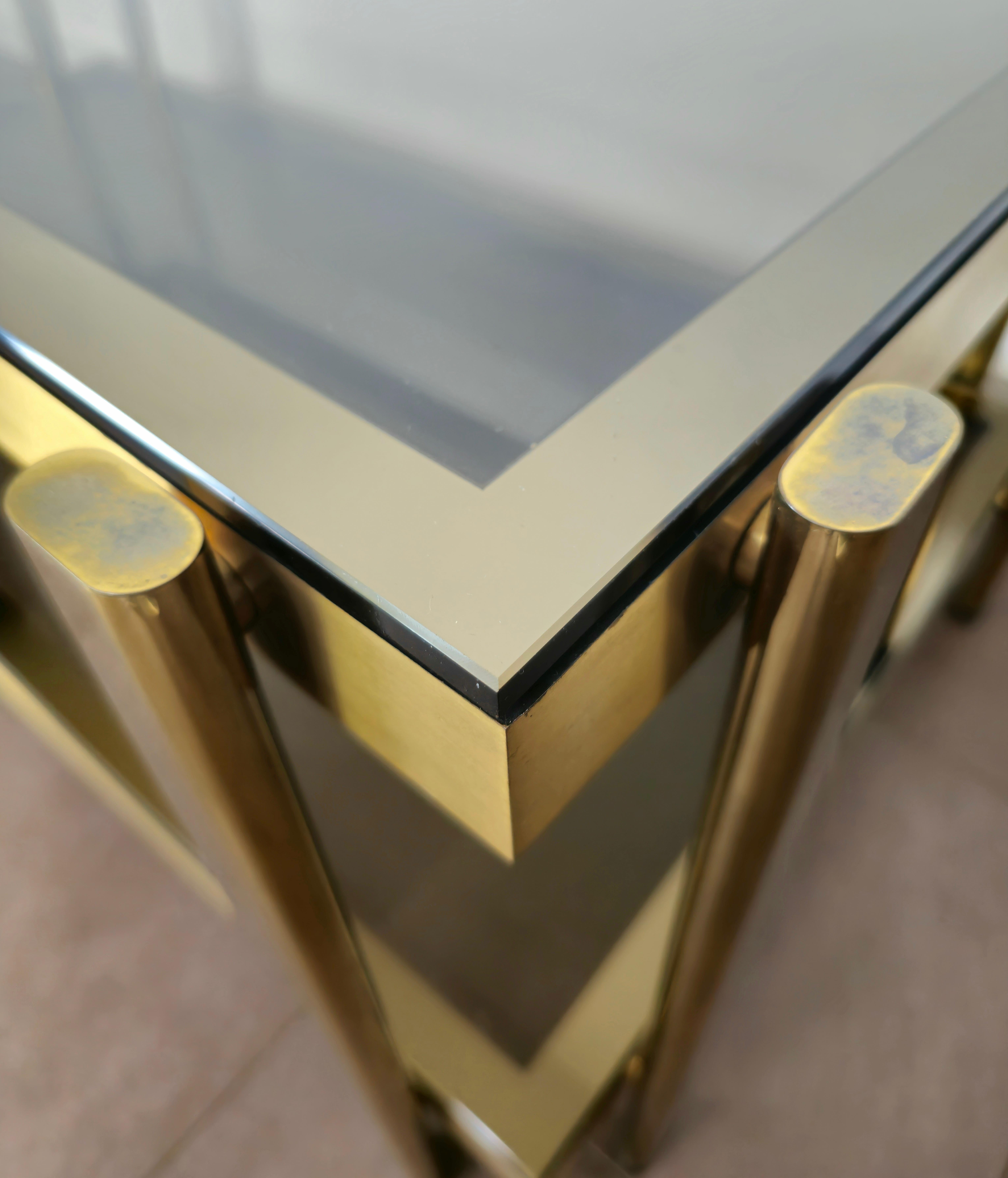 Mid-Century Modern Coffee Table Smoked Glass Brass Golden Enamelled Aluminum Midcentury, 1970s For Sale