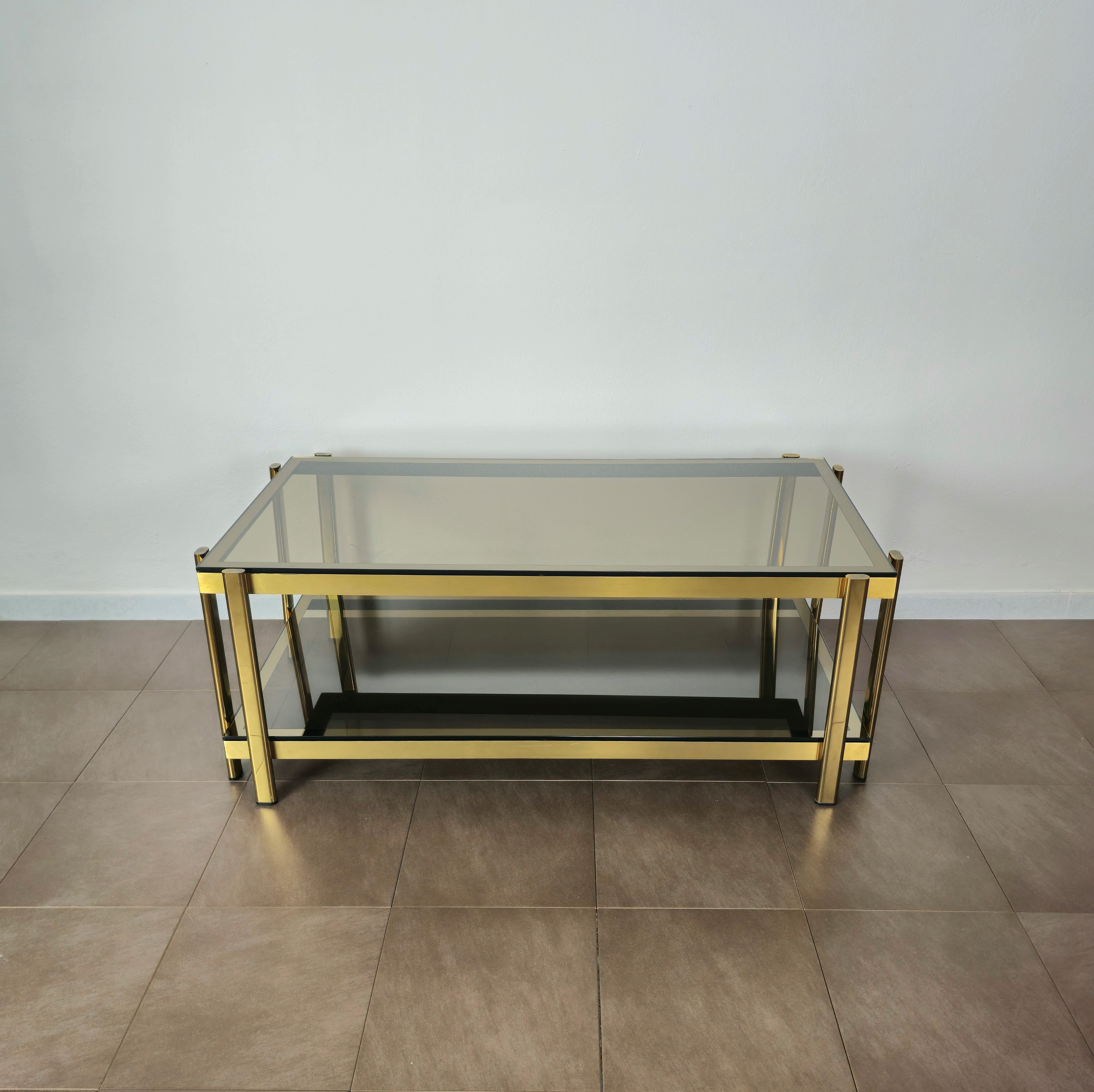 Italian Coffee Table Smoked Glass Brass Golden Enamelled Aluminum Midcentury, 1970s For Sale