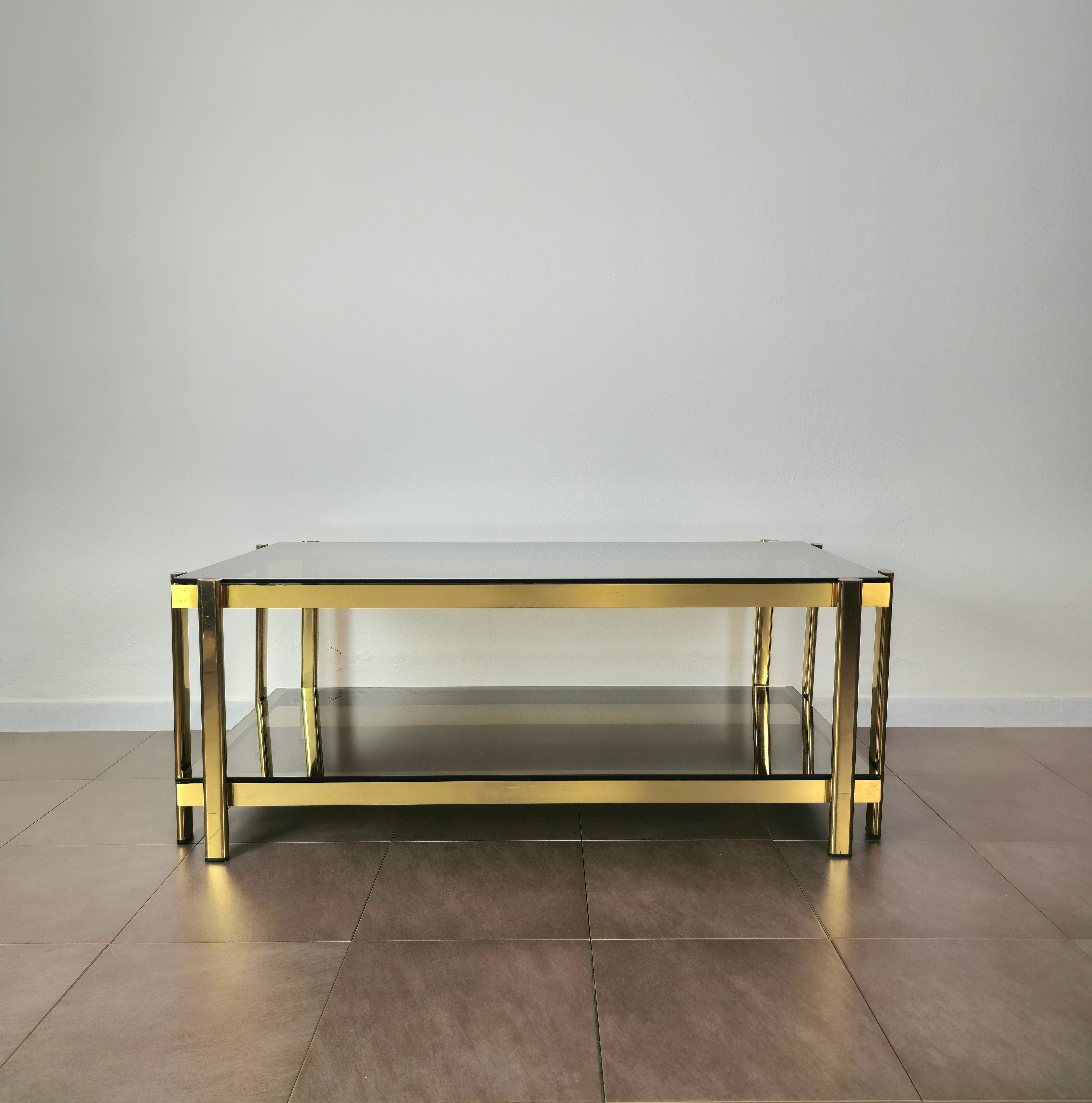 Enameled Coffee Table Smoked Glass Brass Golden Enamelled Aluminum Midcentury, 1970s