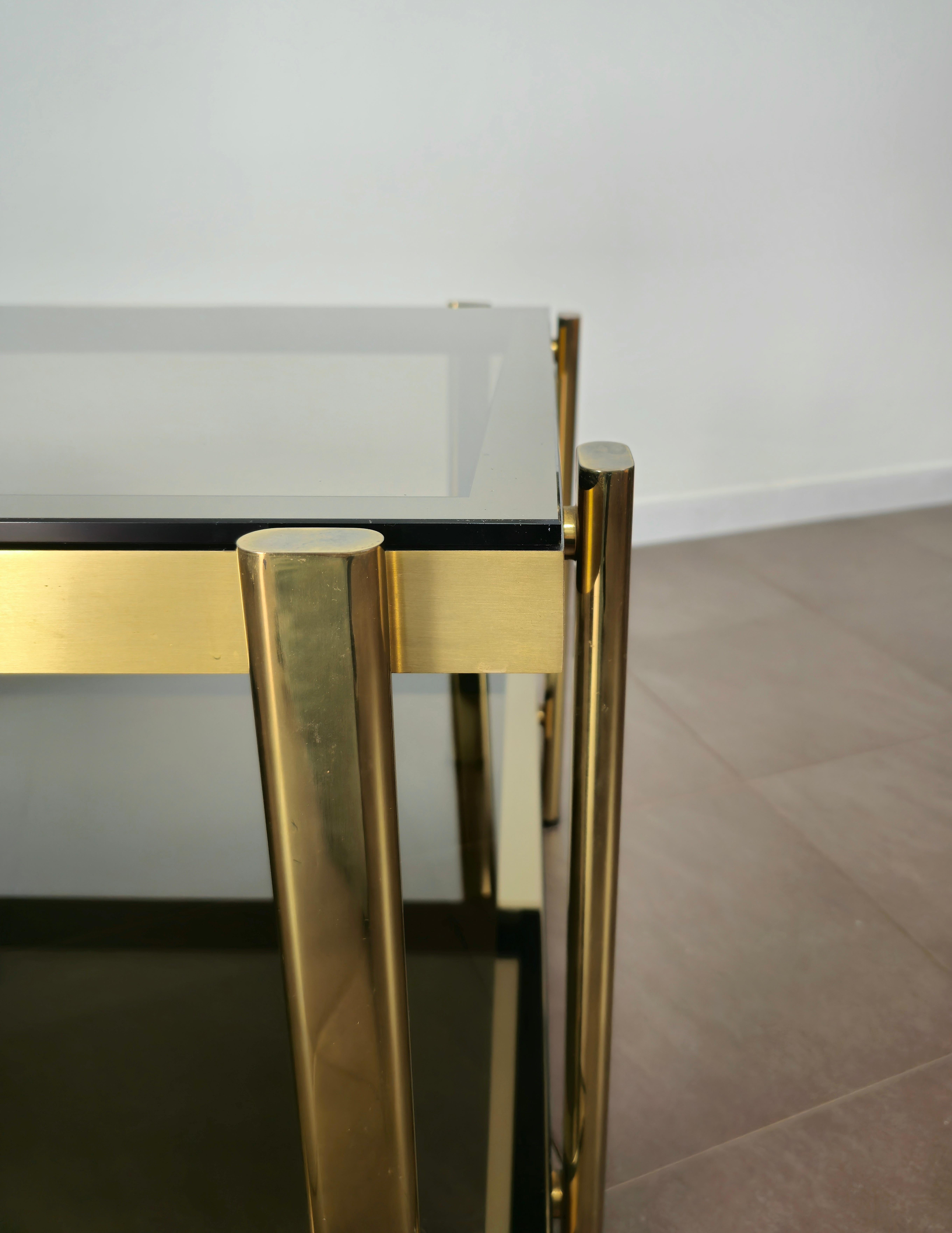 20th Century Coffee Table Smoked Glass Brass Golden Enamelled Aluminum Midcentury, 1970s
