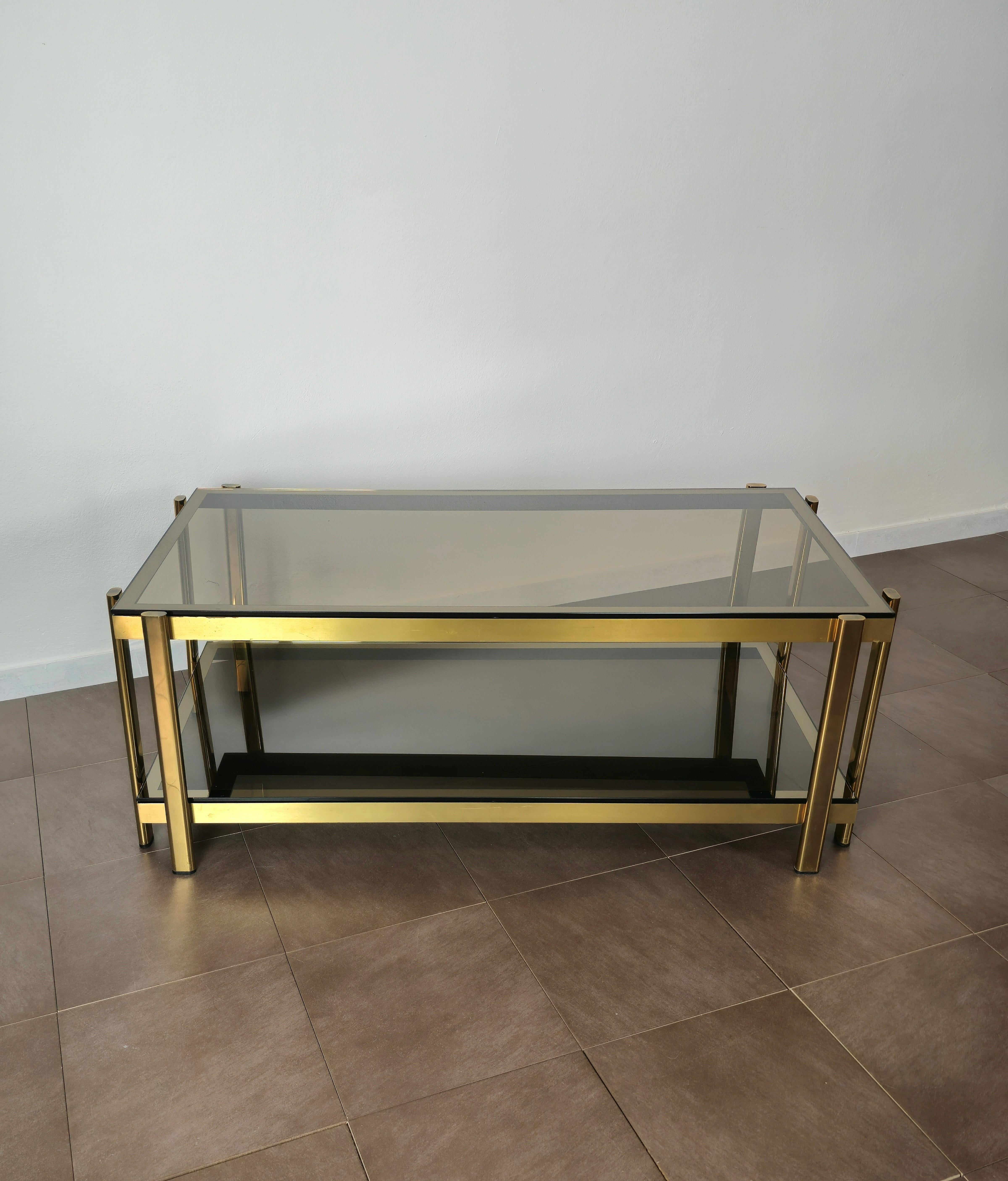 Coffee Table Smoked Glass Brass Golden Enamelled Aluminum Midcentury, 1970s For Sale 1