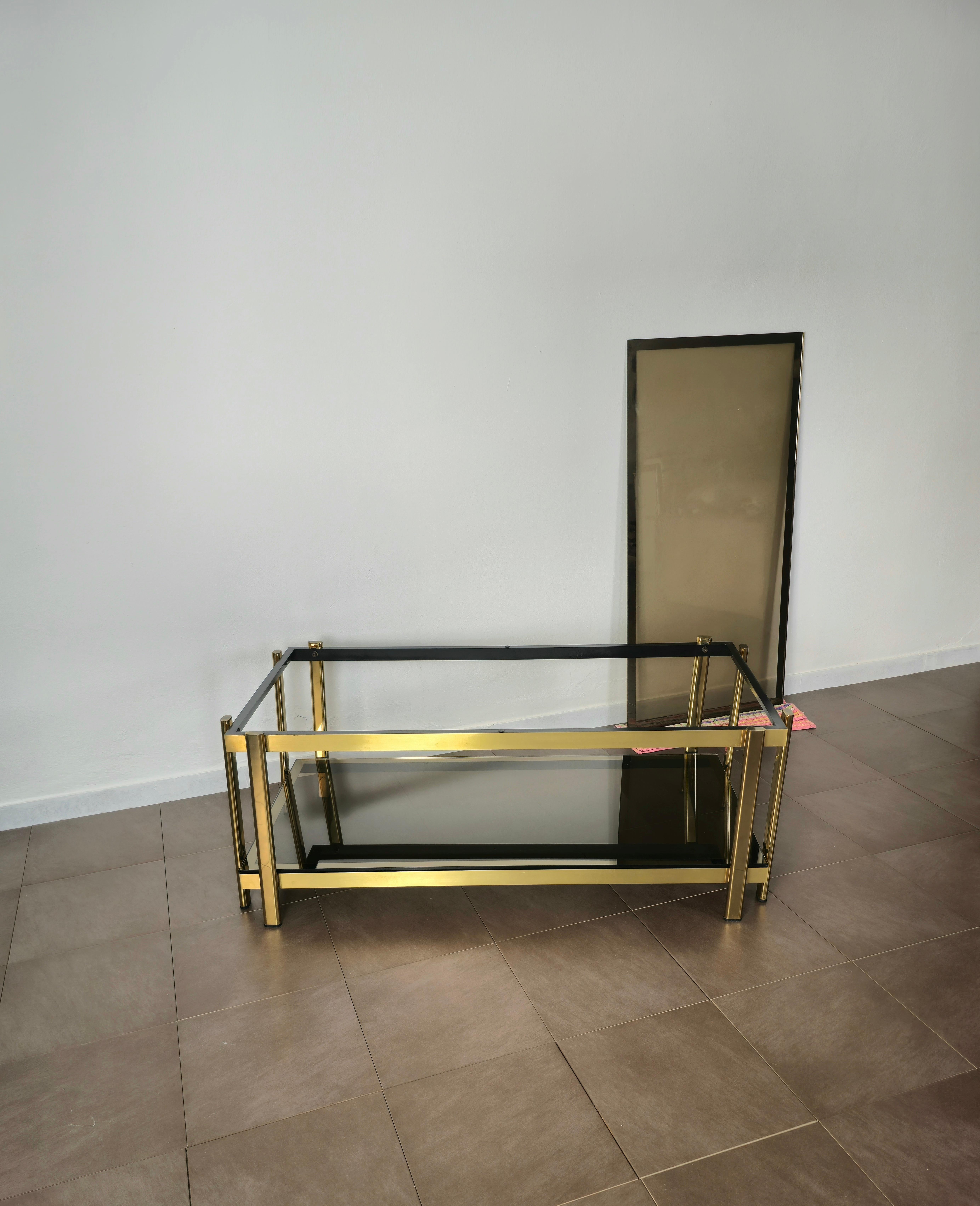 Coffee Table Smoked Glass Brass Golden Enamelled Aluminum Midcentury, 1970s 2