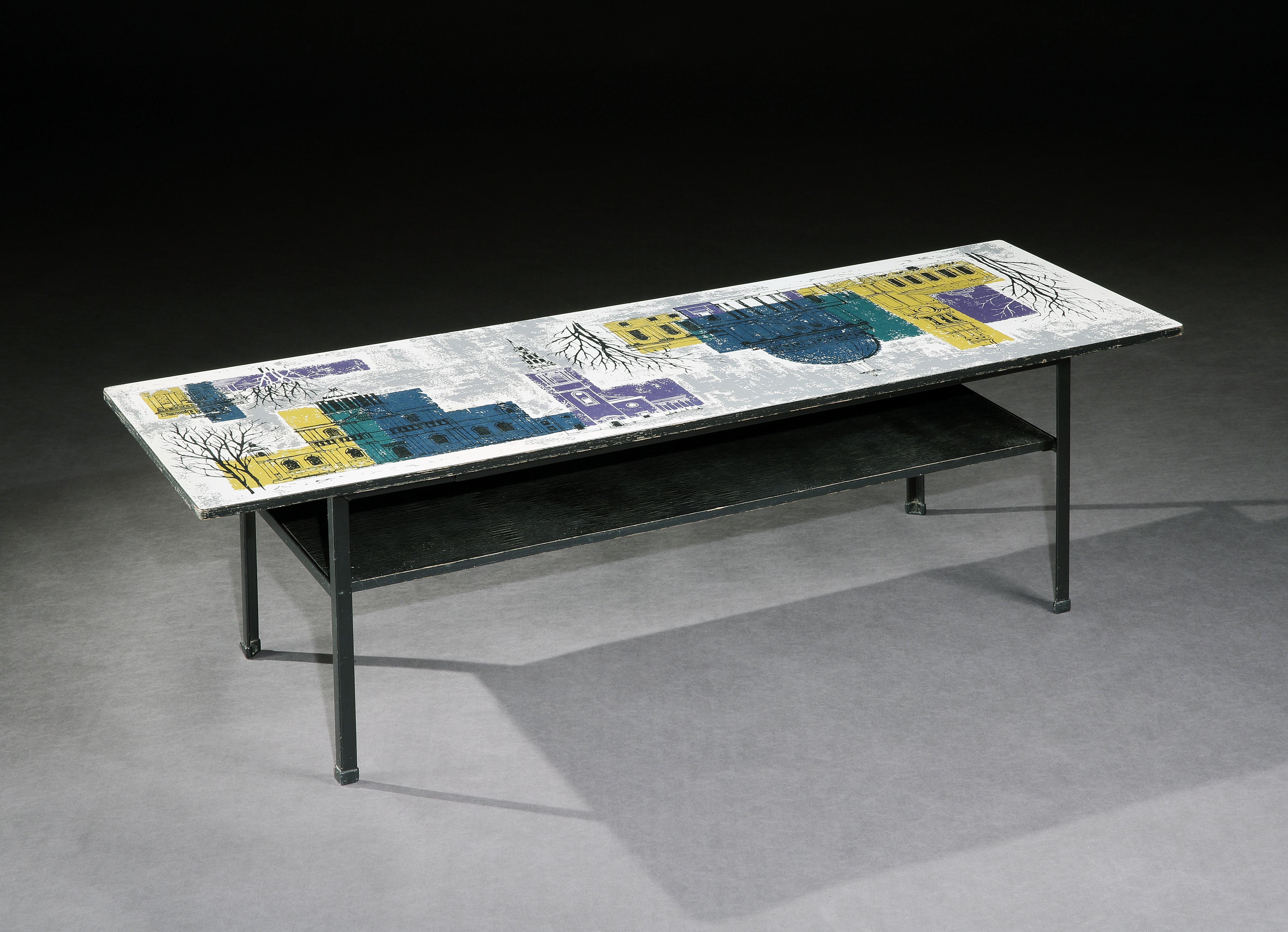 The main feature of this highly decorative low sofa/coffee table is the London Skyline picture by John Piper, one of the leading artists in the UK abstract painting movement inspired by the work of Paris-based painters. Few pieces of furniture