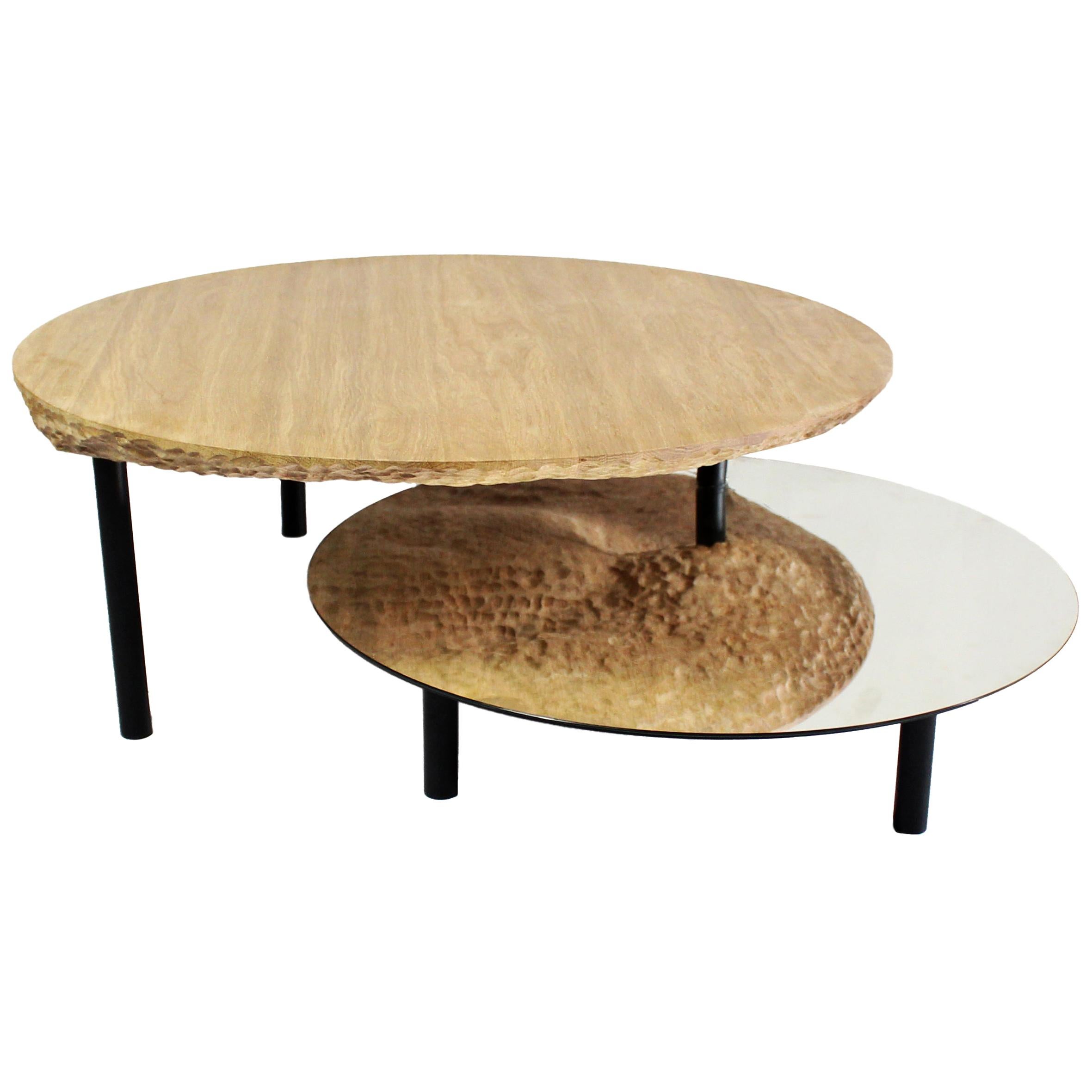 French Coffee Table Solco in Oak Steel Mirror by Constance Guisset For Sale