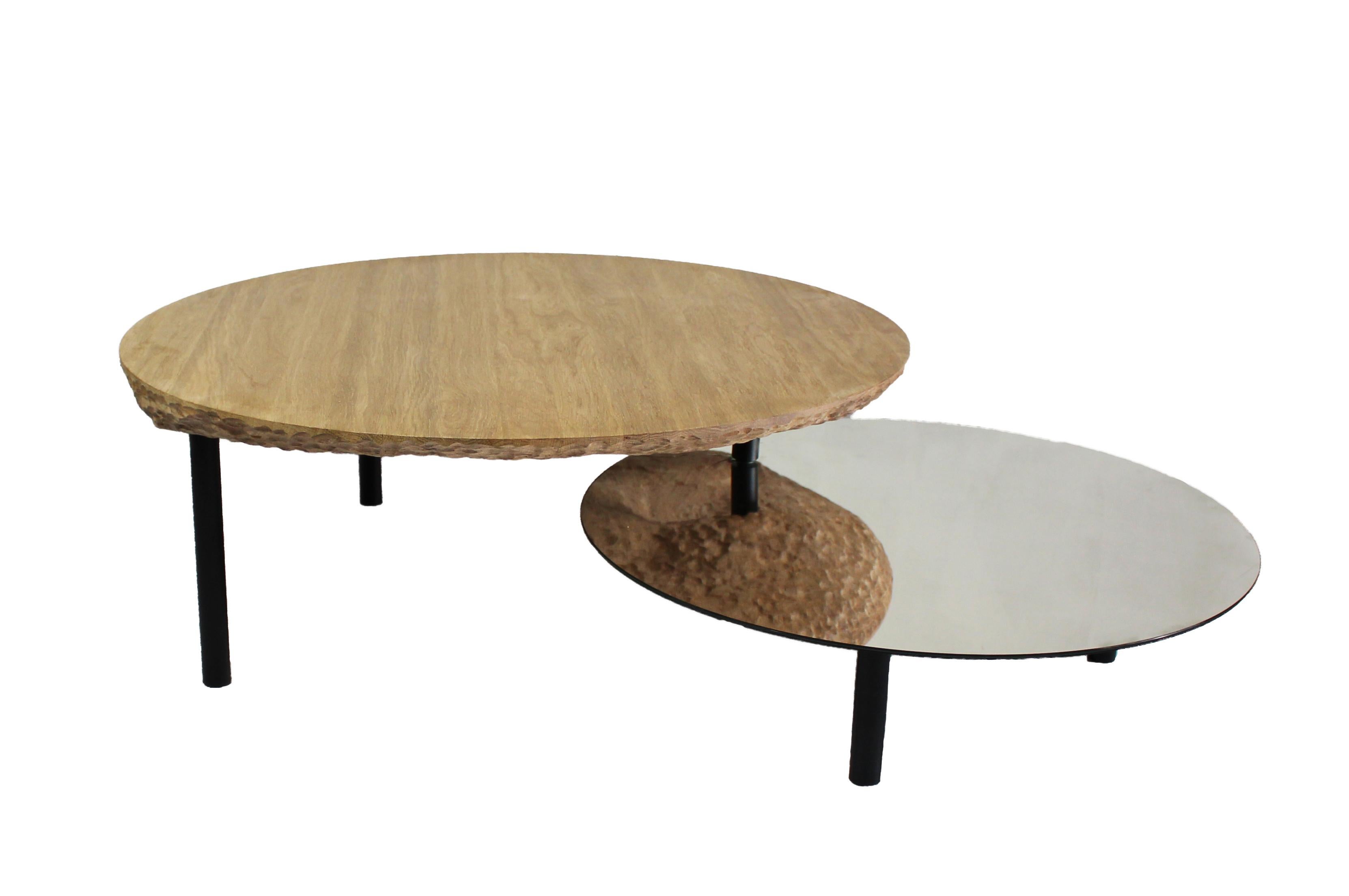 Coffee Table Solco in Oak Steel Mirror by Constance Guisset In Good Condition For Sale In MONTROZIER, FR