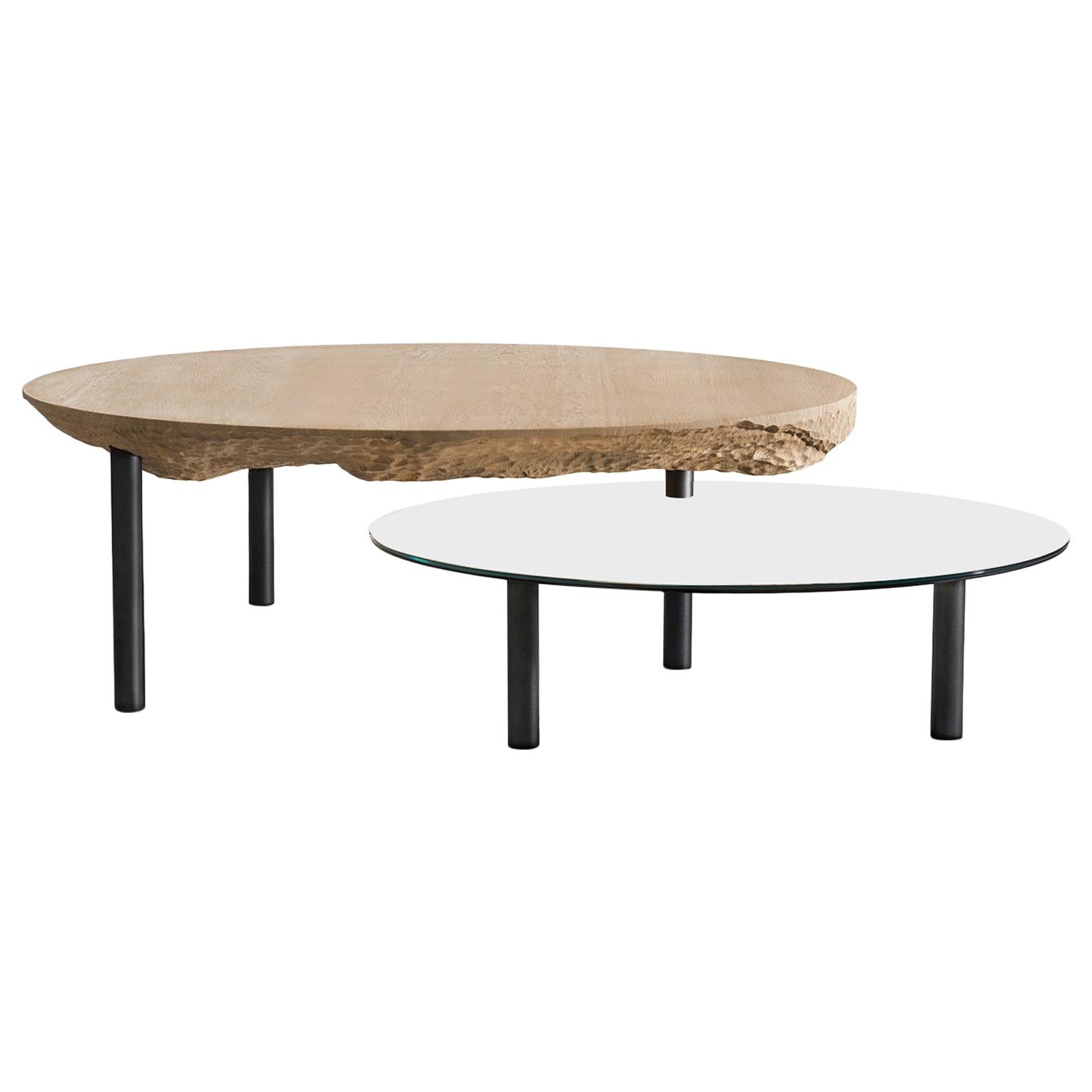 Table basse Solco en chêne et miroir en acier par Constance Guisset en vente