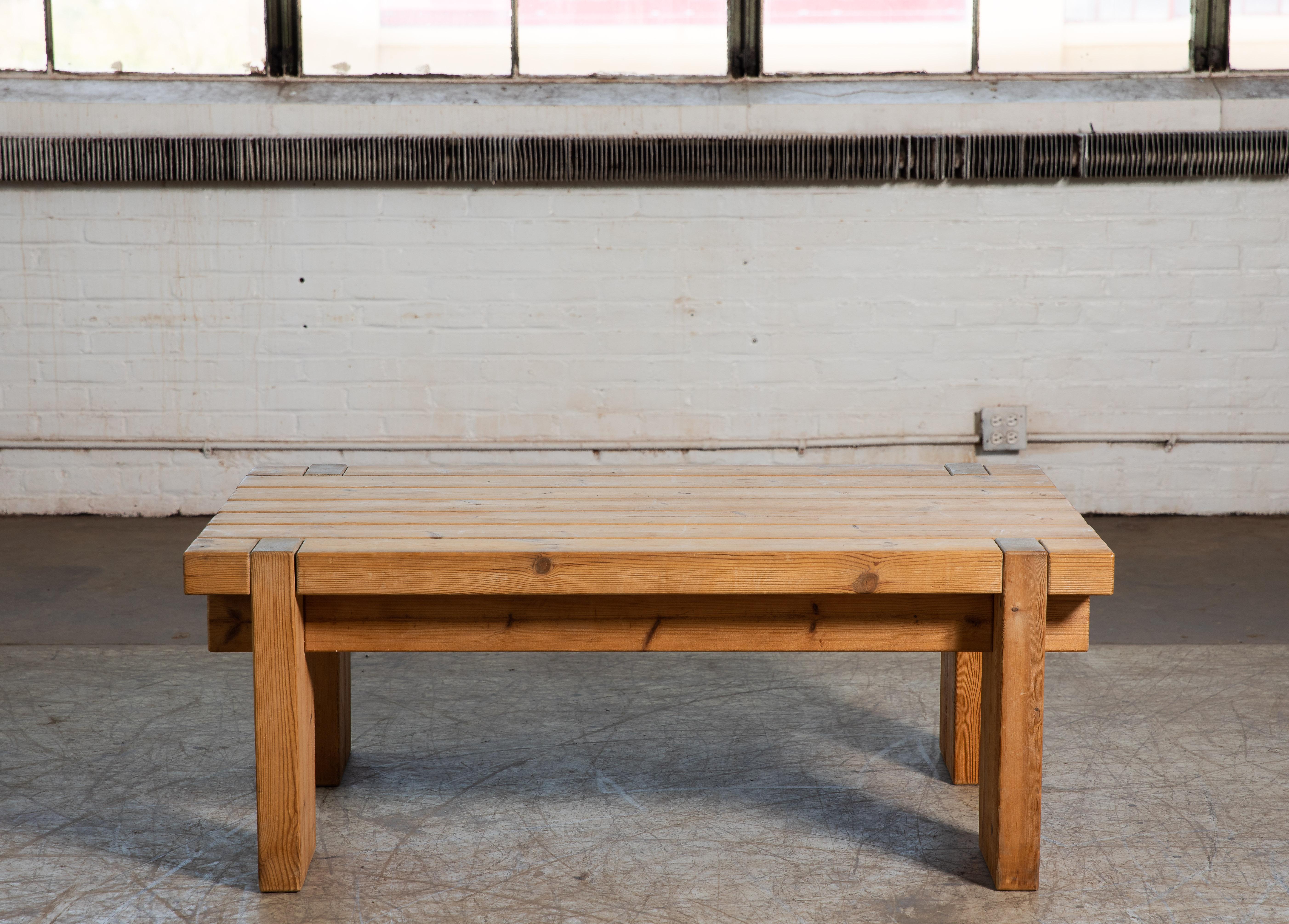 A great brutalist coffee table made from pommeranian pine with a nice patina. Perfect for the modern interior. A warm colour and patina that pair well with the minimalist scandinavian lifestyle. Unsigned but likely made by Jens Lyngsoe of Denmark