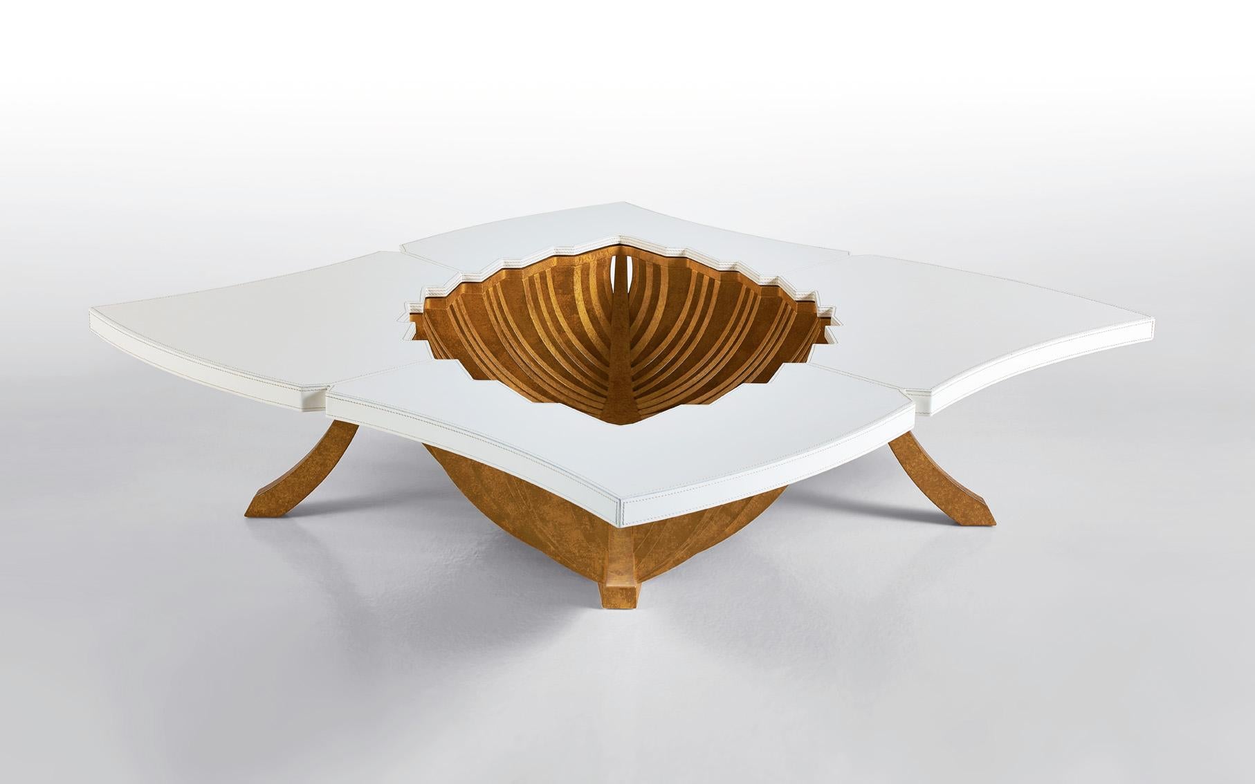 Other Coffee Table Solid Wood and Plywood Golden Finish Hard Leather Top For Sale