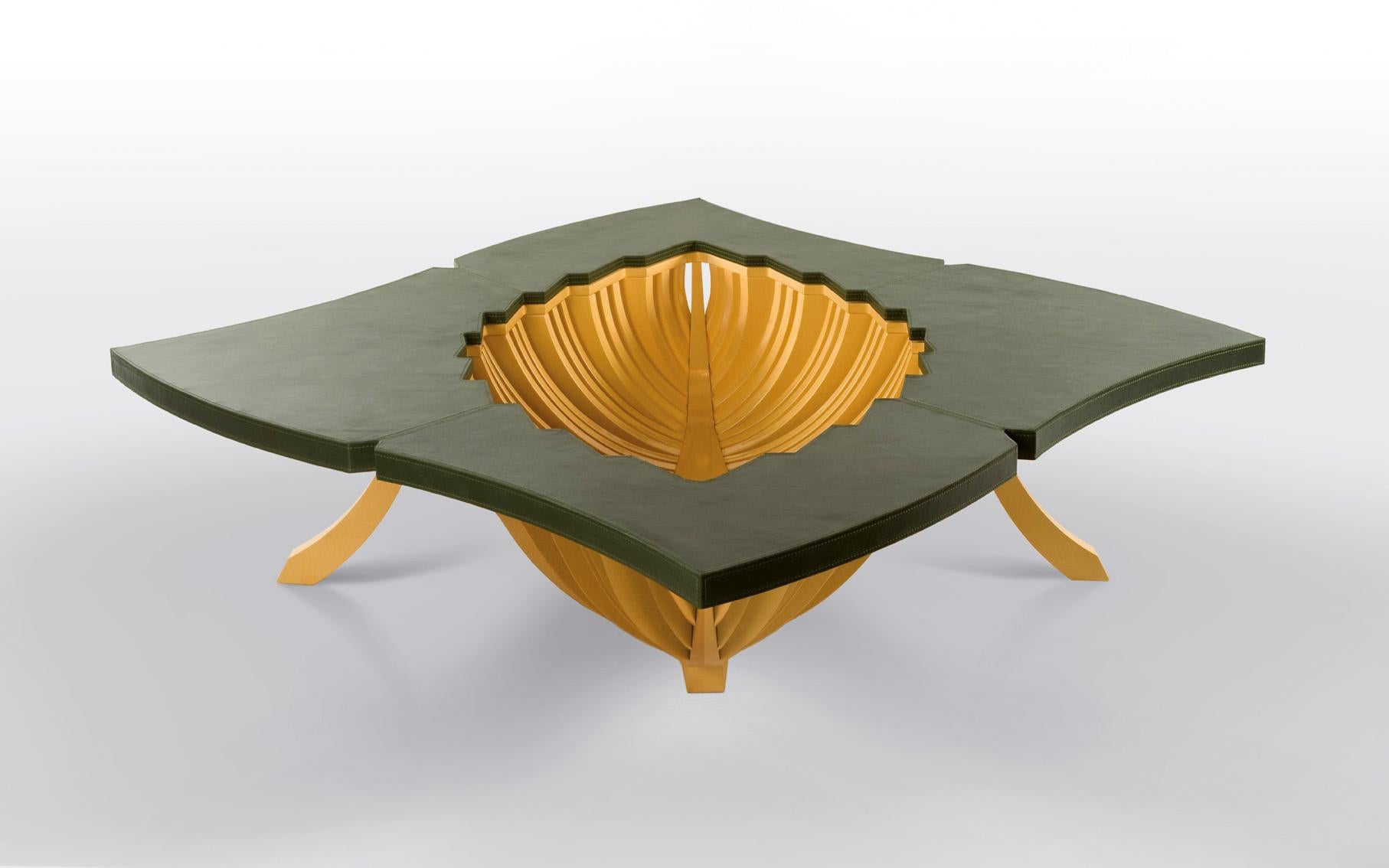 Italian Coffee Table Solid Wood and Plywood Golden Finish Hard Leather Top For Sale