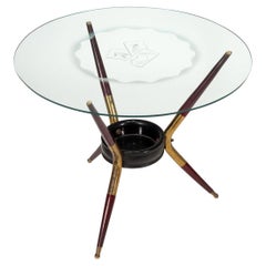 Vintage Coffee Table Stained Wood Brass Glass Italy 1950s