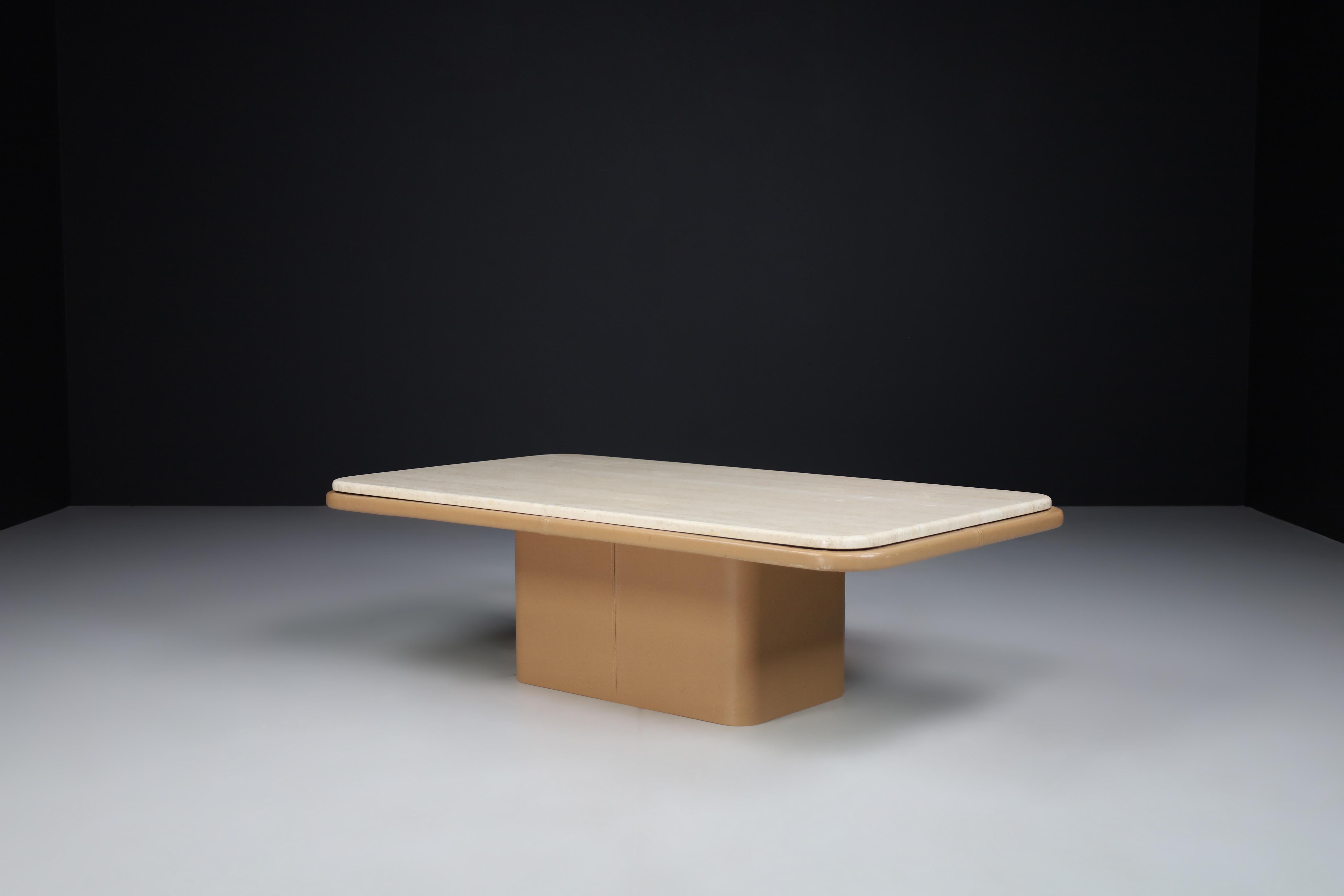 Mid-Century Modern Coffee Table, Strong Travertine Top and Leather, De Sede Switzerland, the 1970s