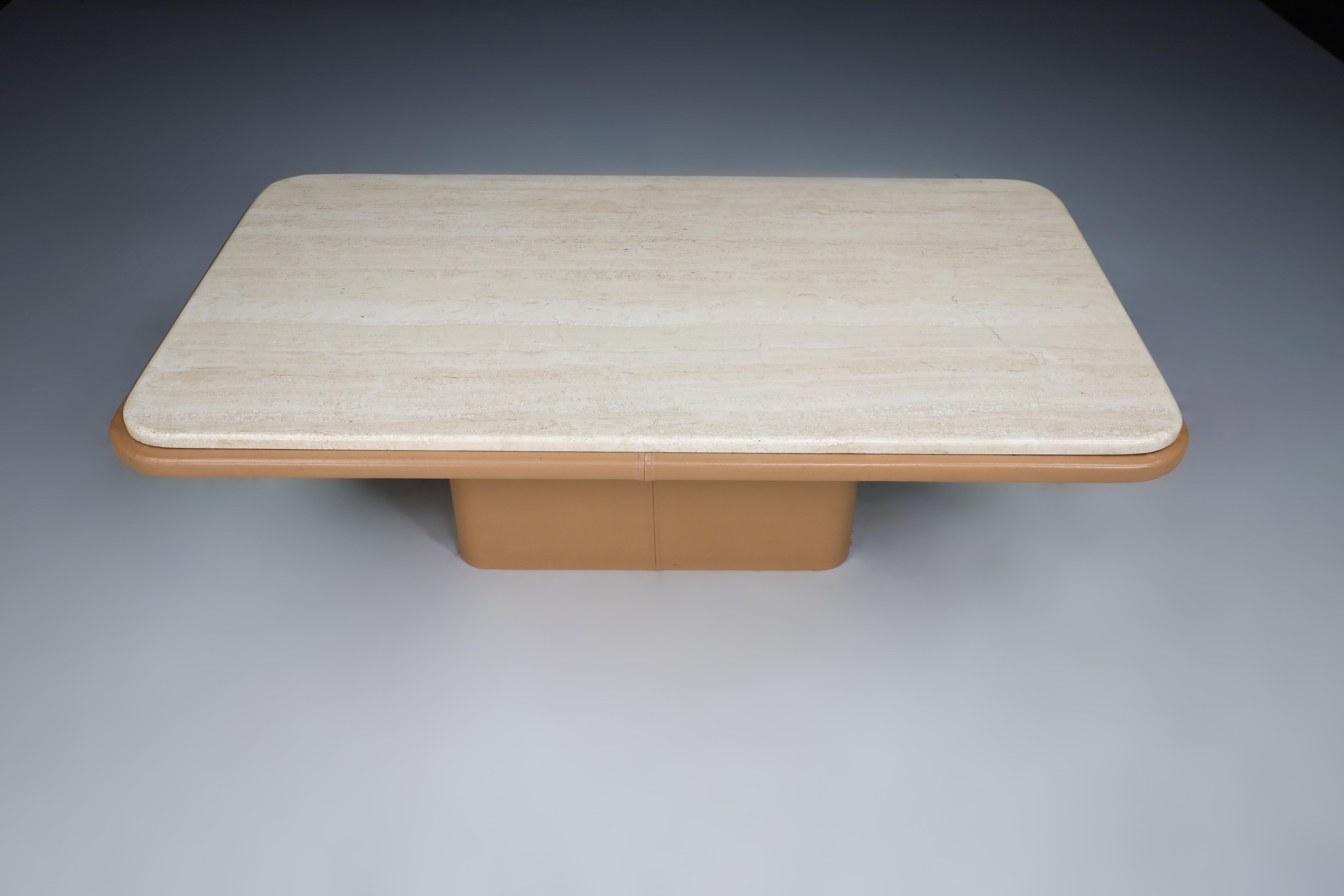 Coffee Table, Strong Travertine Top and Leather, De Sede Switzerland, the 1970s In Good Condition In Almelo, NL