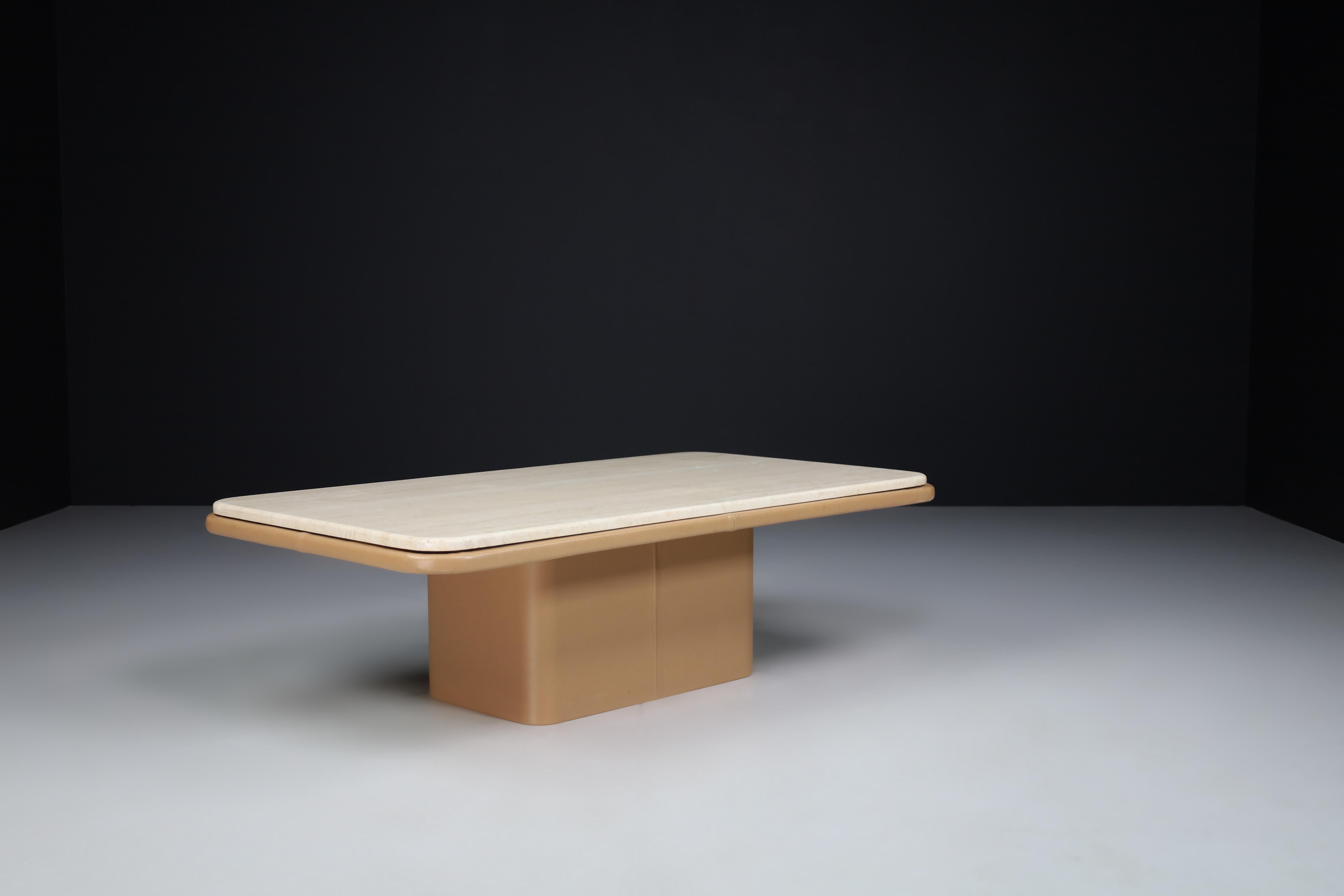 20th Century Coffee Table, Strong Travertine Top and Leather, De Sede Switzerland, the 1970s