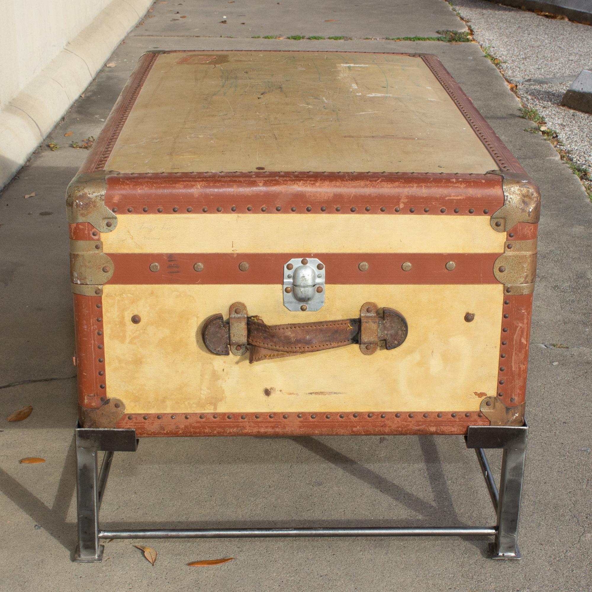 Leather Coffee Table Crafted with Vintage French Luggage and Custom Iron Base