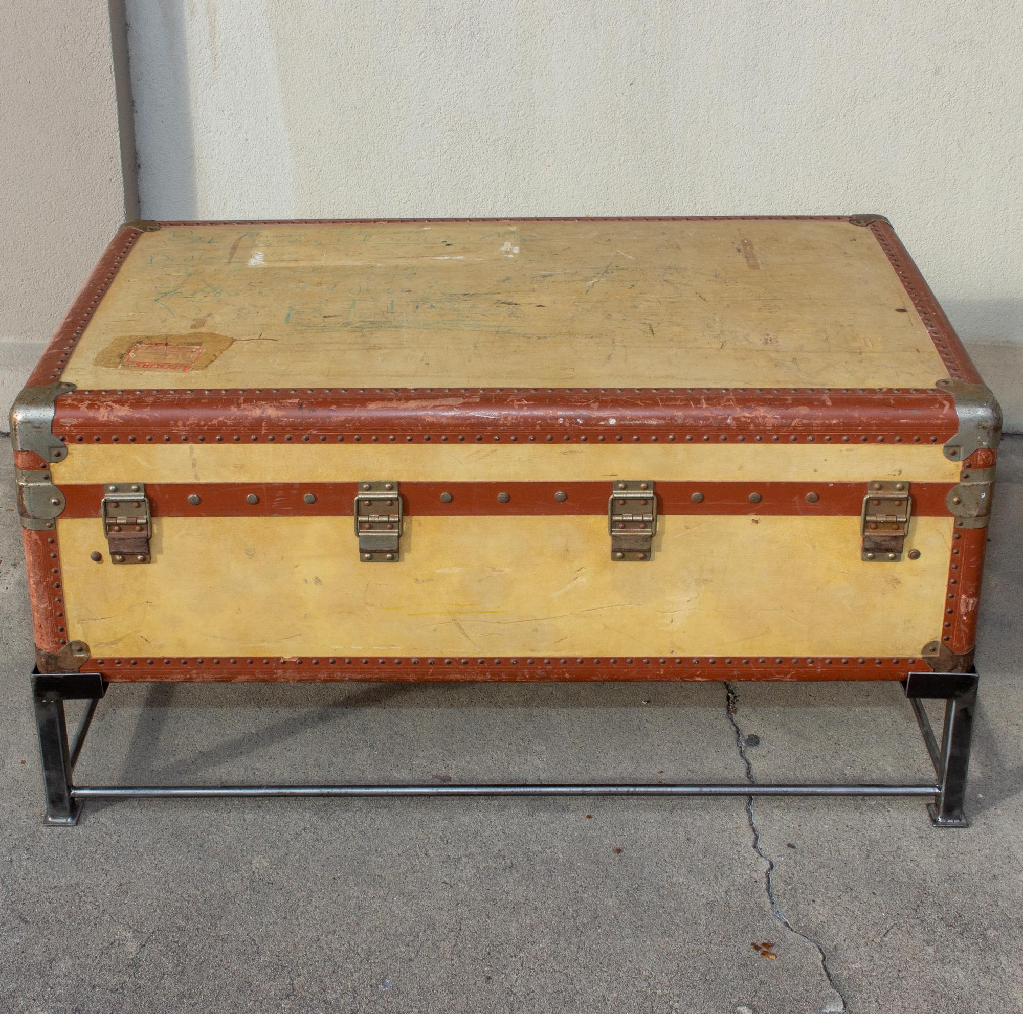 Coffee Table Crafted with Vintage French Luggage and Custom Iron Base 4