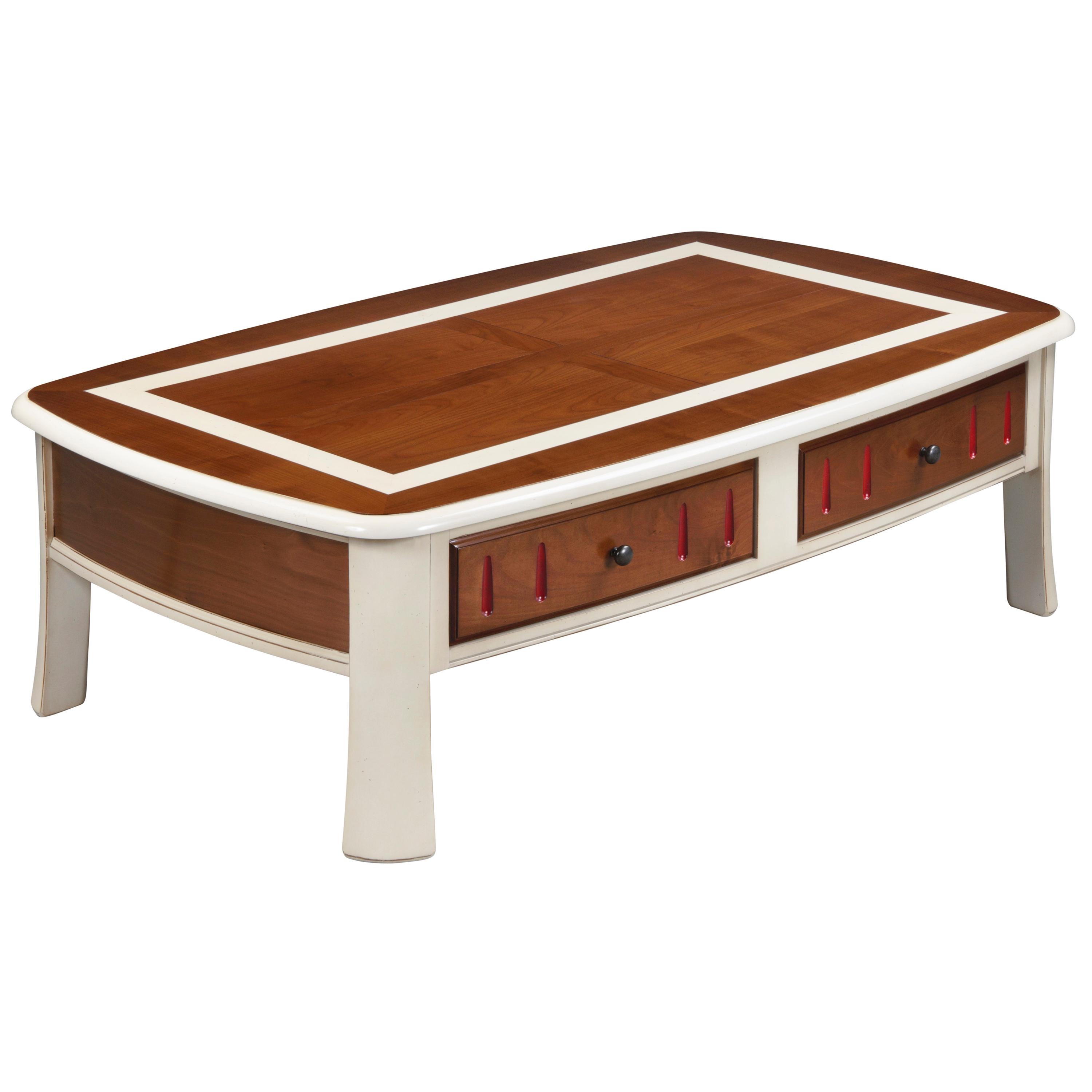 French Coffee Table Tradition in Cherry Wood with 2 Drawers, 100% Made in France For Sale