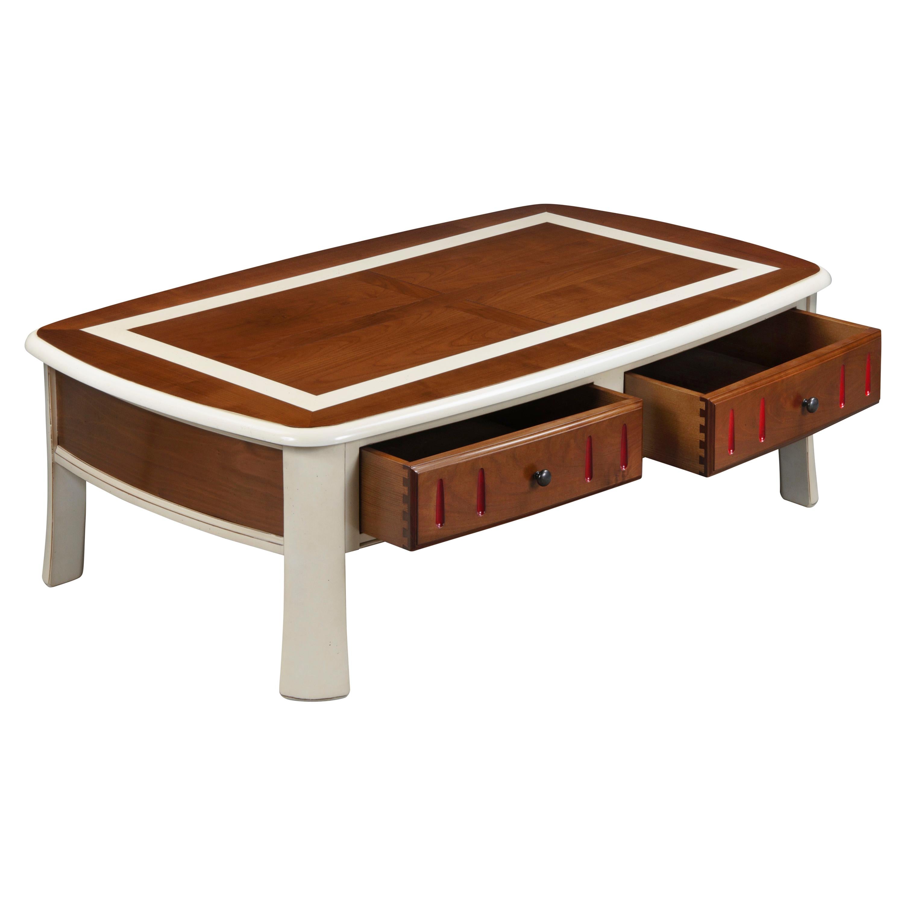 Coffee Table Tradition in Cherry Wood with 2 Drawers, 100% Made in France For Sale 1